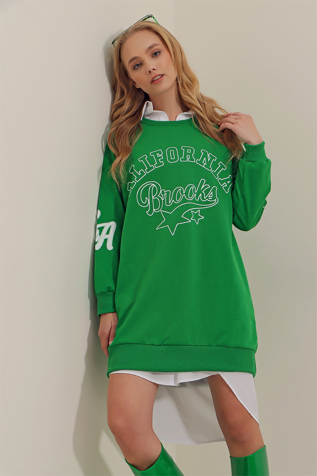 Bisiklet Yaka California Baskılı Oversize Sweatshirt - Yeşil