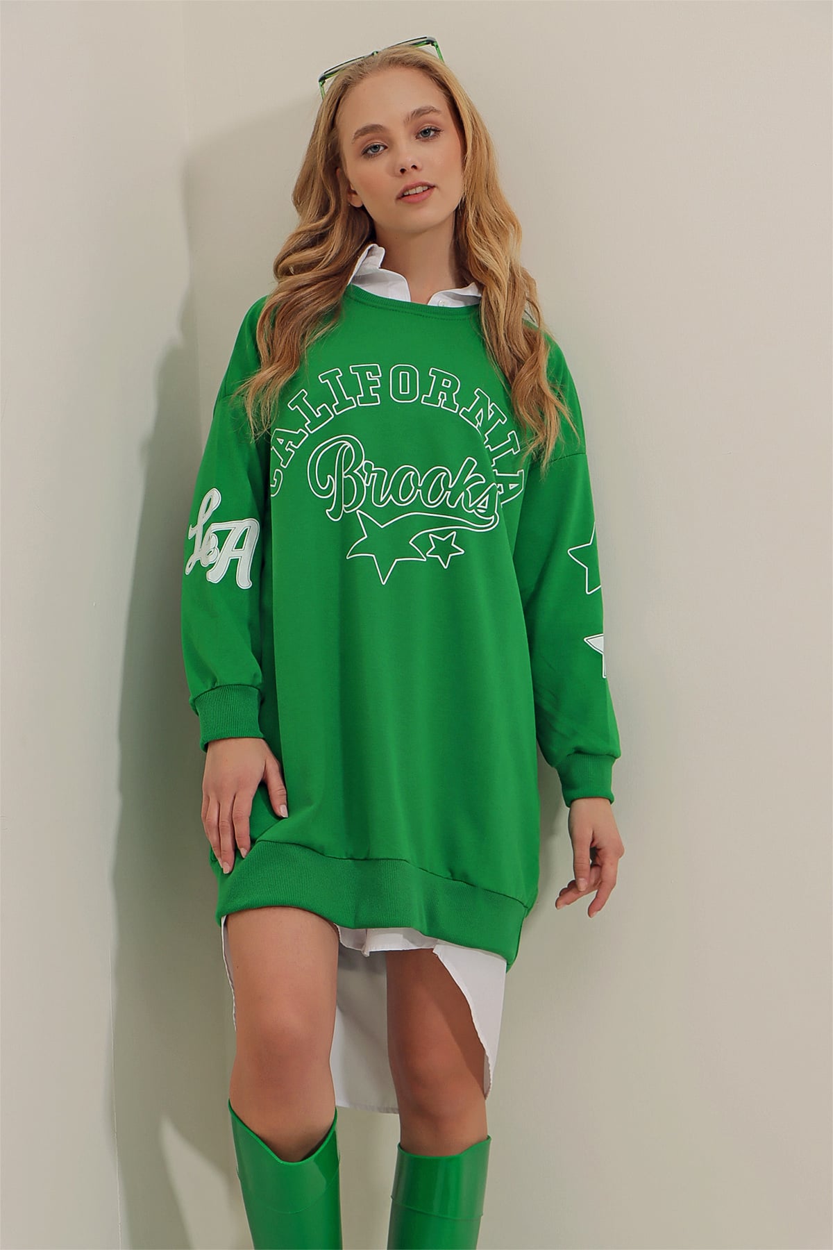 Bisiklet Yaka California Baskılı Oversize Sweatshirt - Yeşil