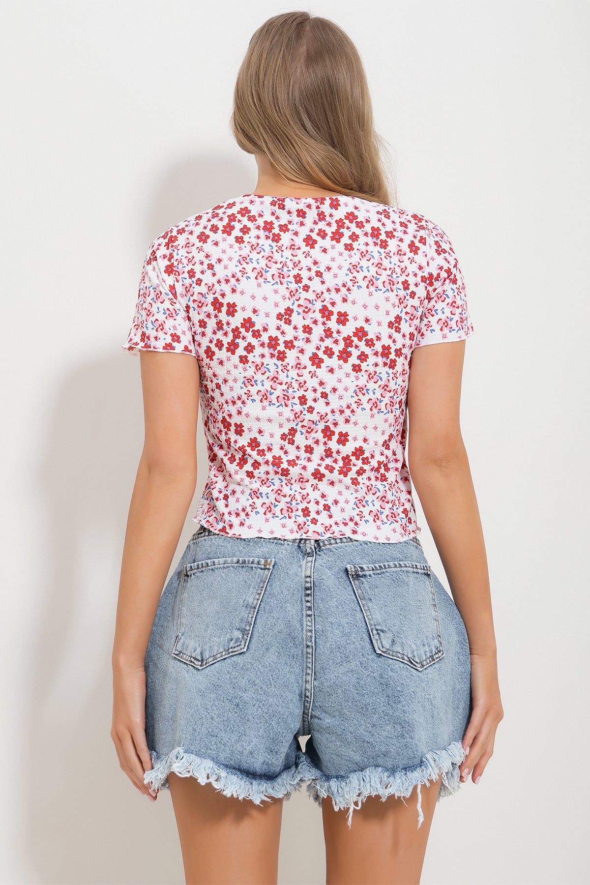Bisiklet Yaka Çiçekli Örme Bluz - Pembe