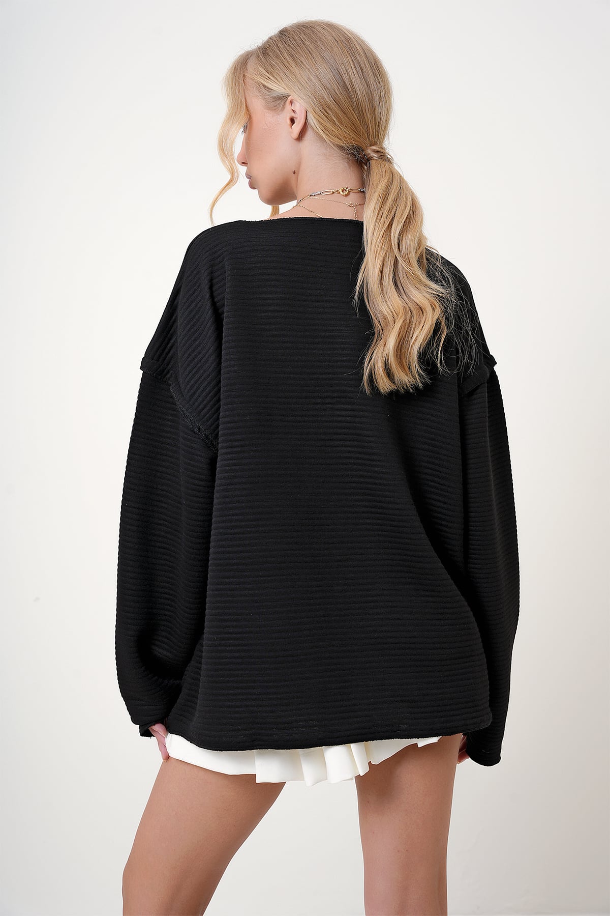 Bisiklet Yaka Çift Cepli Fitilli Oversize Kazak - Siyah