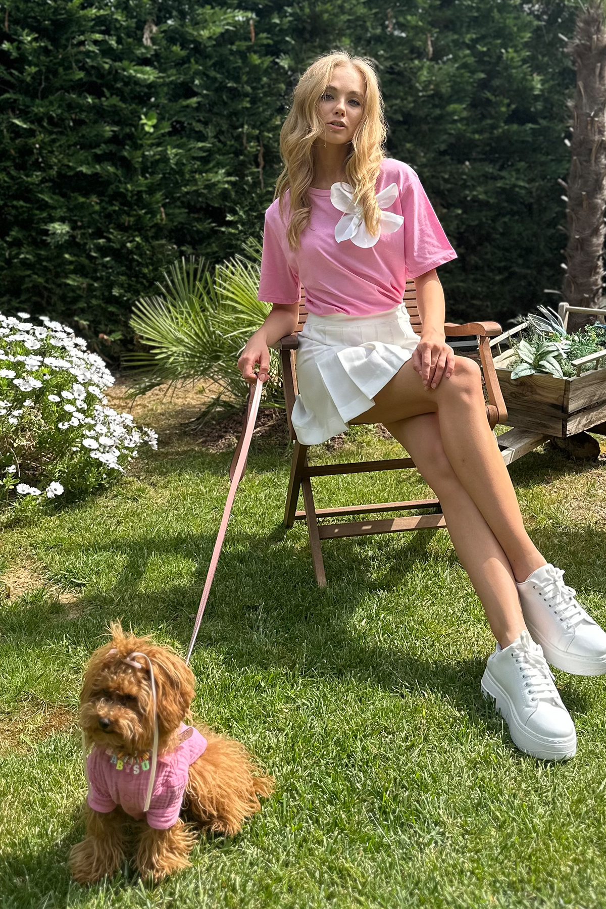 Bisiklet Yaka Çıkabilen Çiçekli Pamuk T-Shirt - Pembe