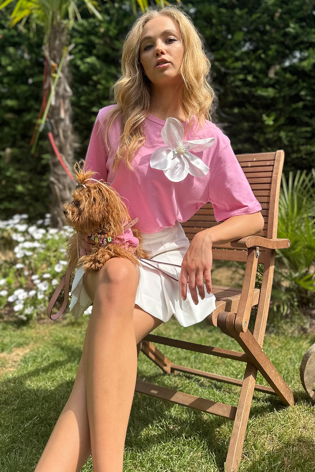 Bisiklet Yaka Çıkabilen Çiçekli Pamuk T-Shirt - Pembe