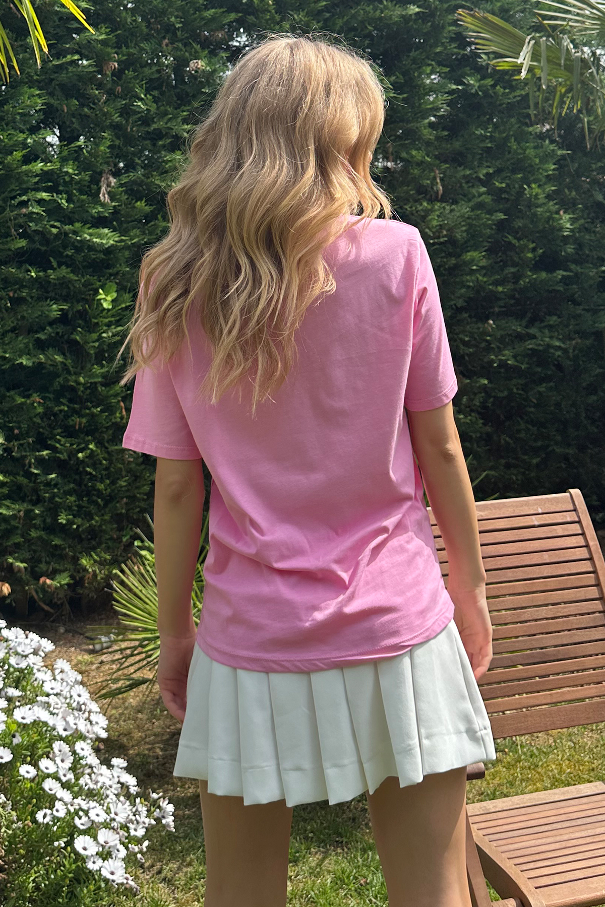Bisiklet Yaka Çıkabilen Çiçekli Pamuk T-Shirt - Pembe