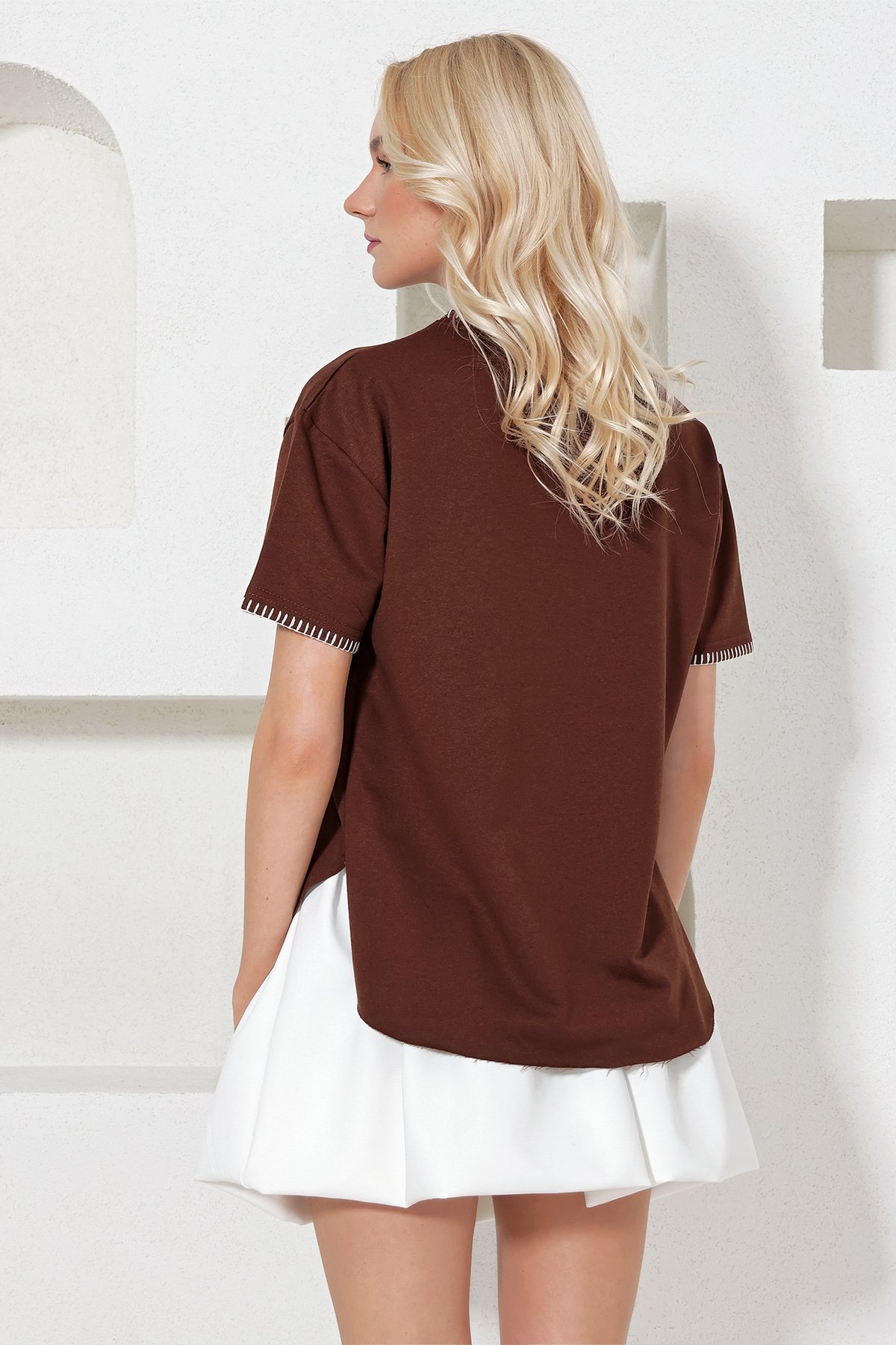 Bisiklet Yaka Çoban Dikişli Relaxed Fit Bluz - Kahve