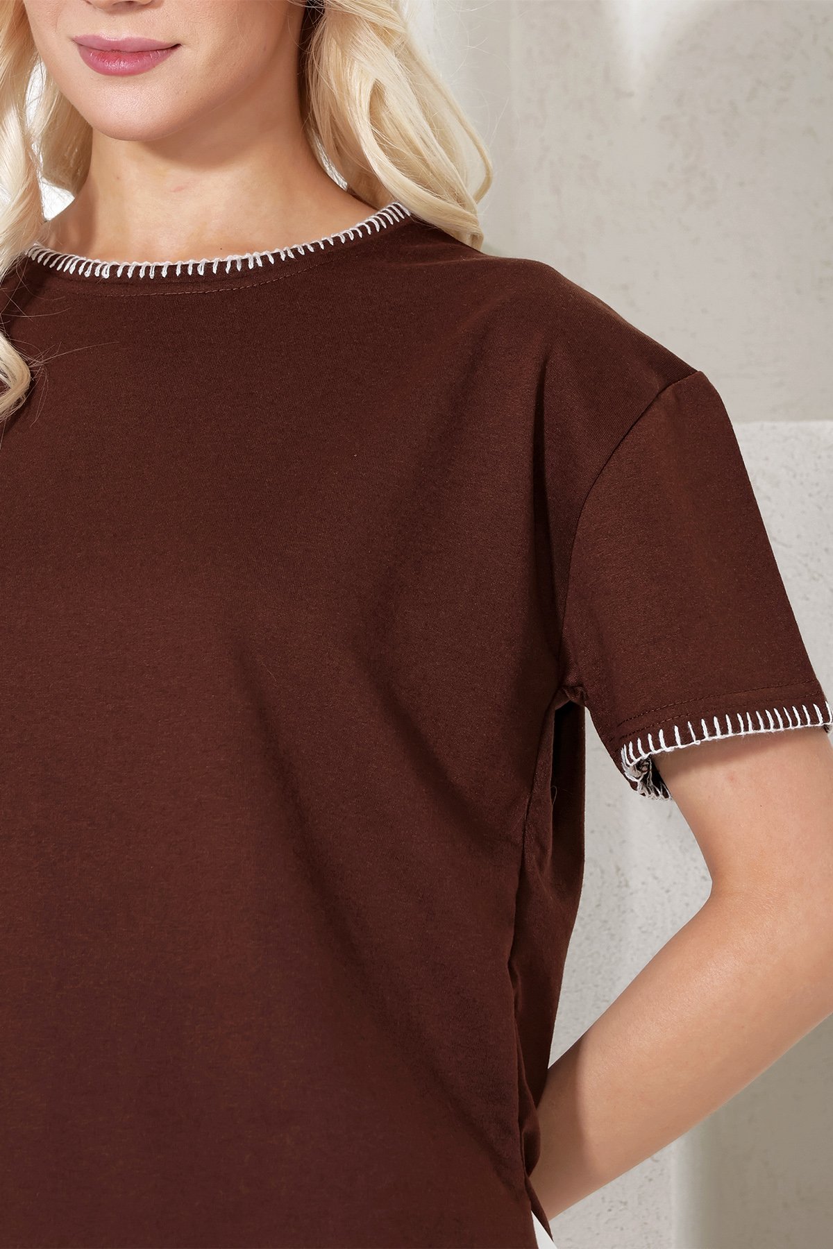 Bisiklet Yaka Çoban Dikişli Relaxed Fit Bluz - Kahve