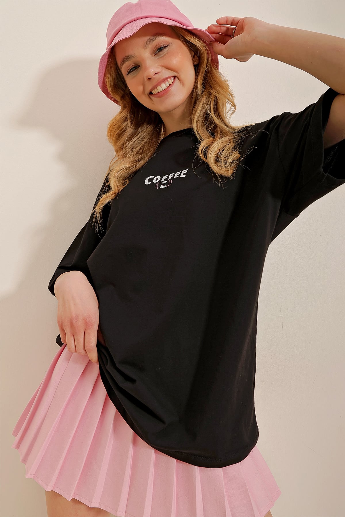 Bisiklet Yaka Coffee Home Baskılı Oversize T-Shirt - Siyah