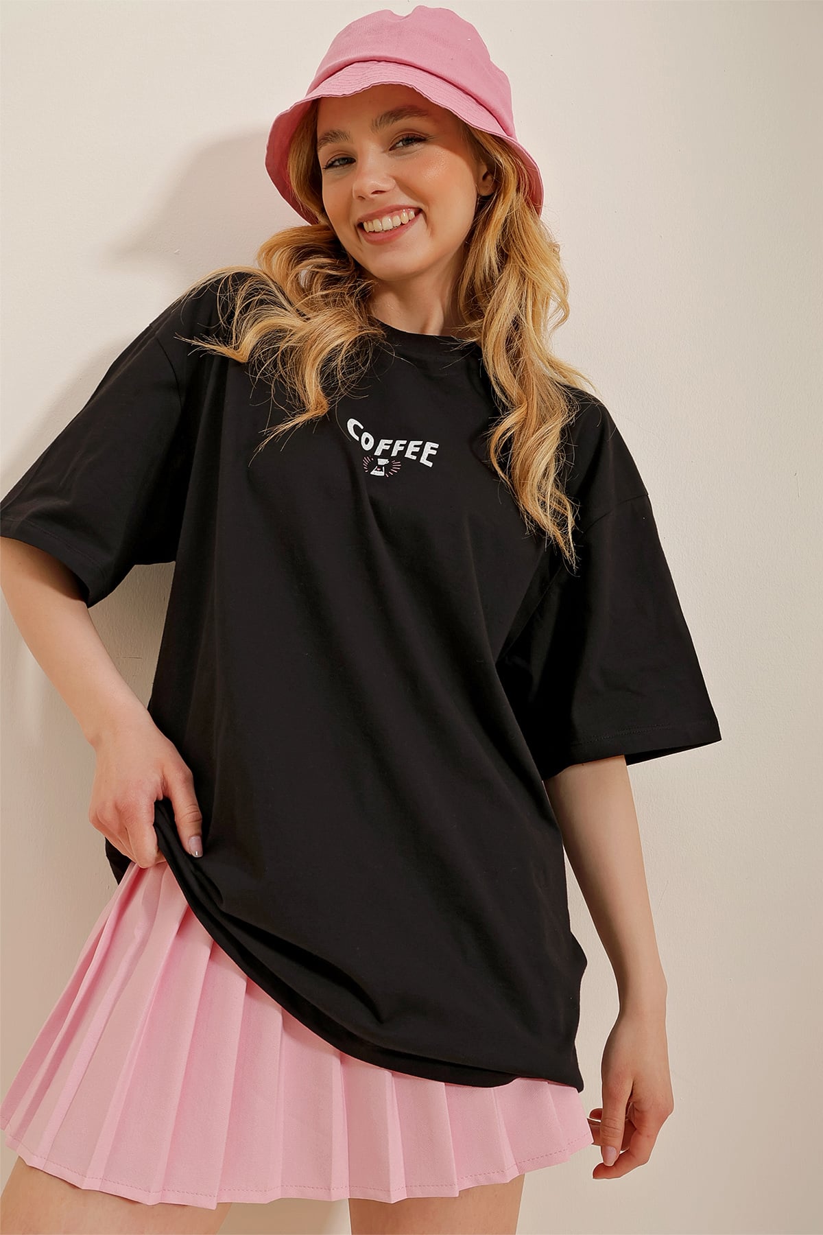Bisiklet Yaka Coffee Home Baskılı Oversize T-Shirt - Siyah