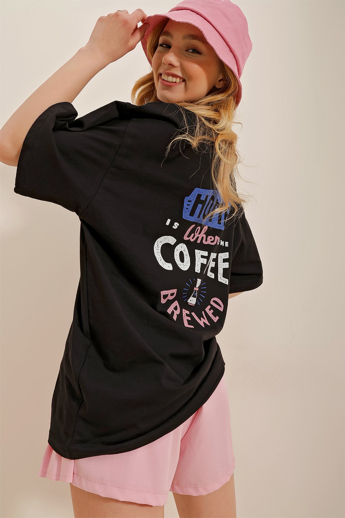 Bisiklet Yaka Coffee Home Baskılı Oversize T-Shirt - Siyah