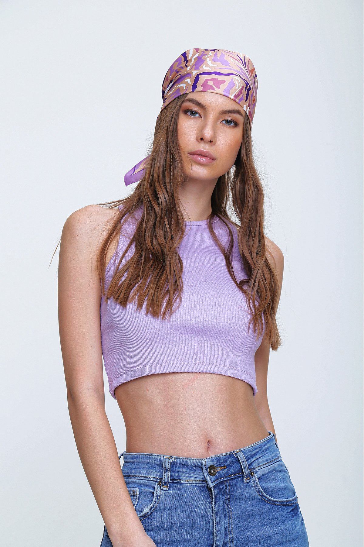 Bisiklet Yaka Crop Bluz - Lila