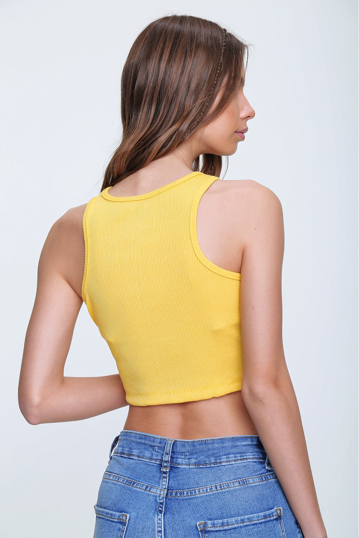 Bisiklet Yaka Crop Bluz - Sarı