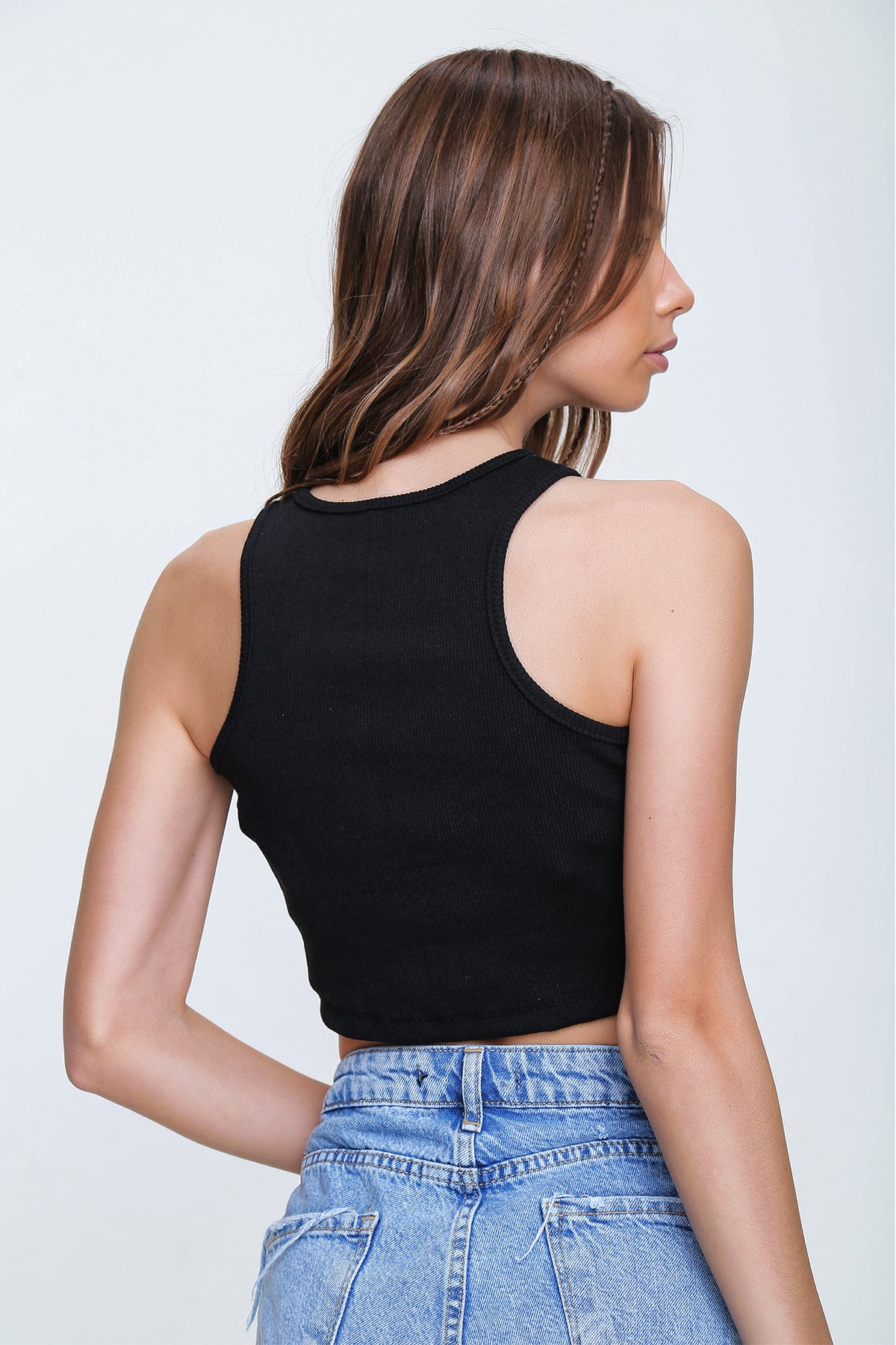 Bisiklet Yaka Crop Bluz - Siyah