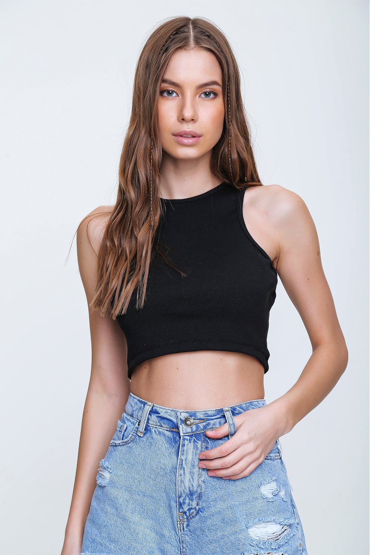 Bisiklet Yaka Crop Bluz - Siyah