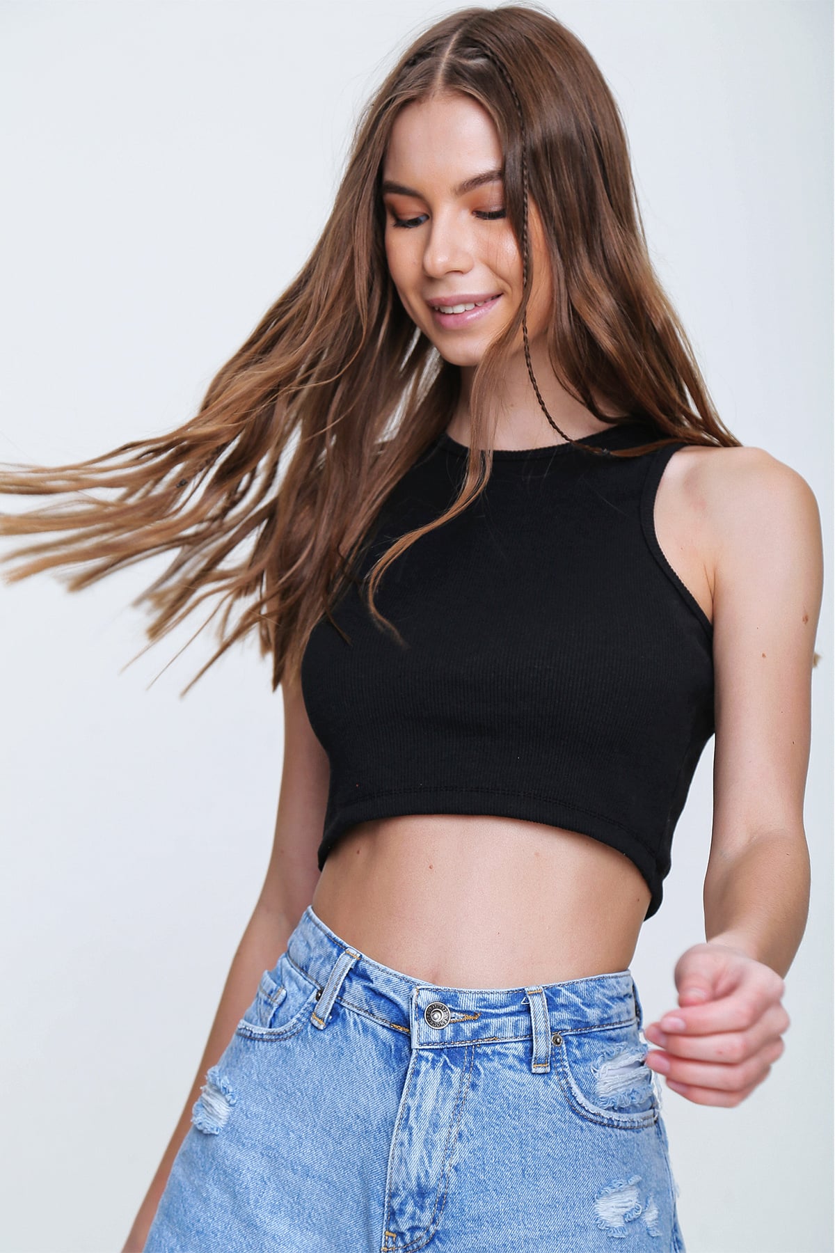 Bisiklet Yaka Crop Bluz - Siyah
