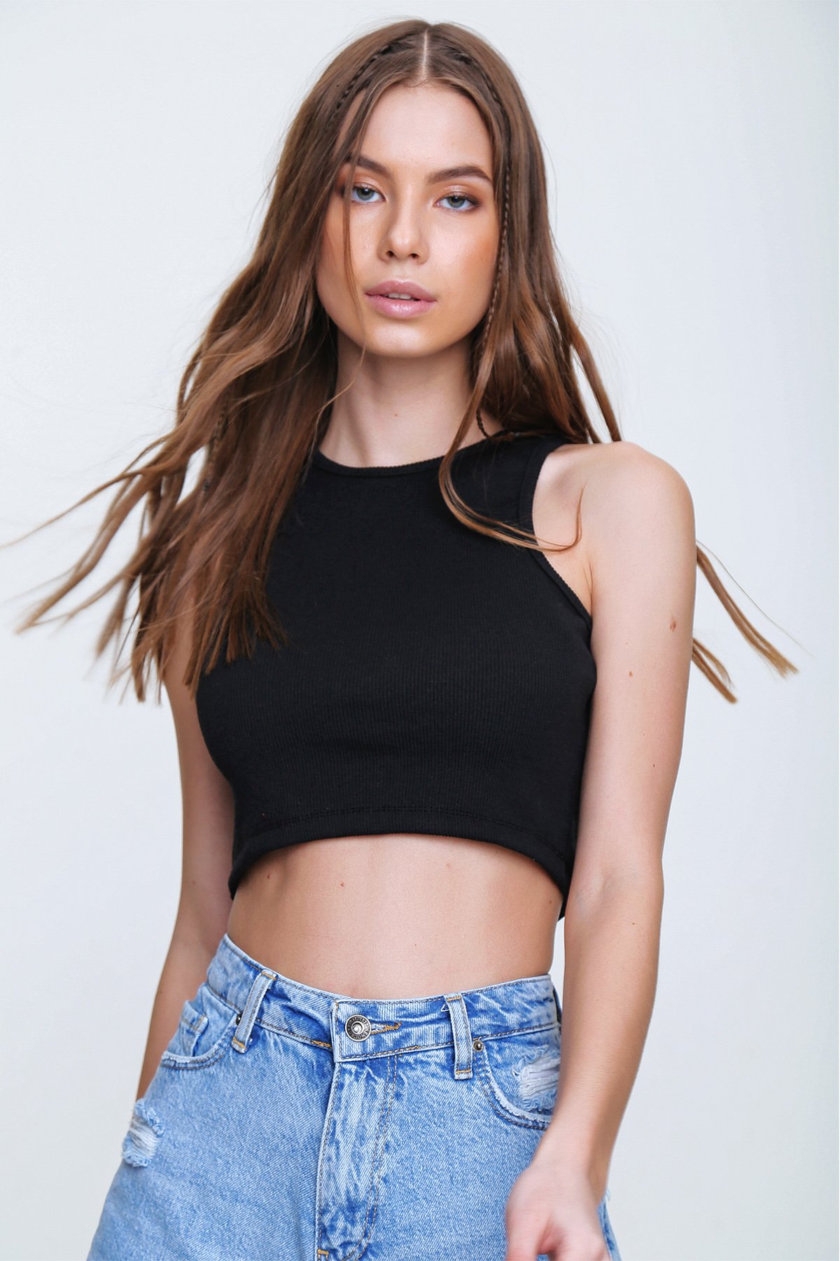 Bisiklet Yaka Crop Bluz - Siyah