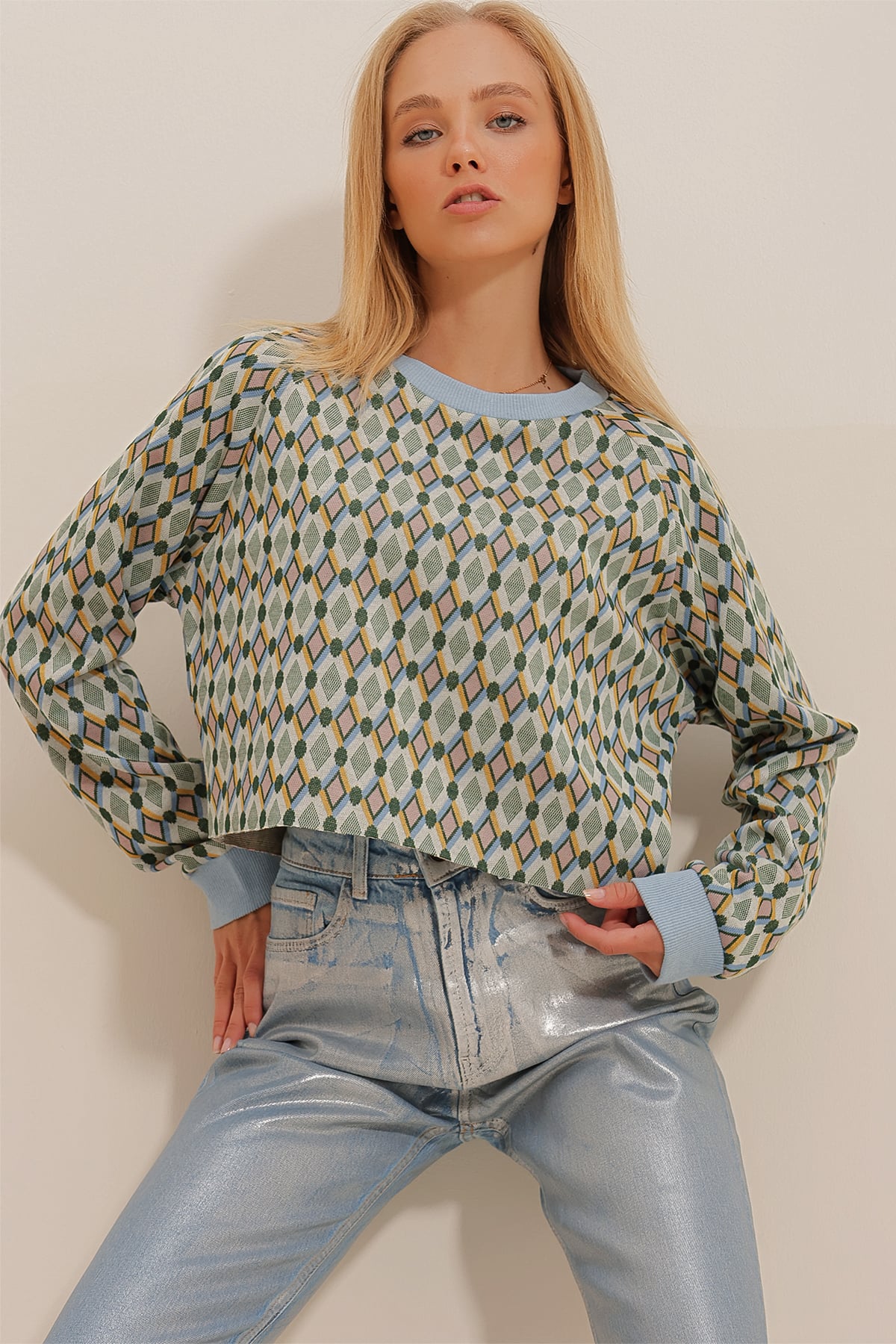 Bisiklet Yaka Crop Triko Sweatshirt - Mavi