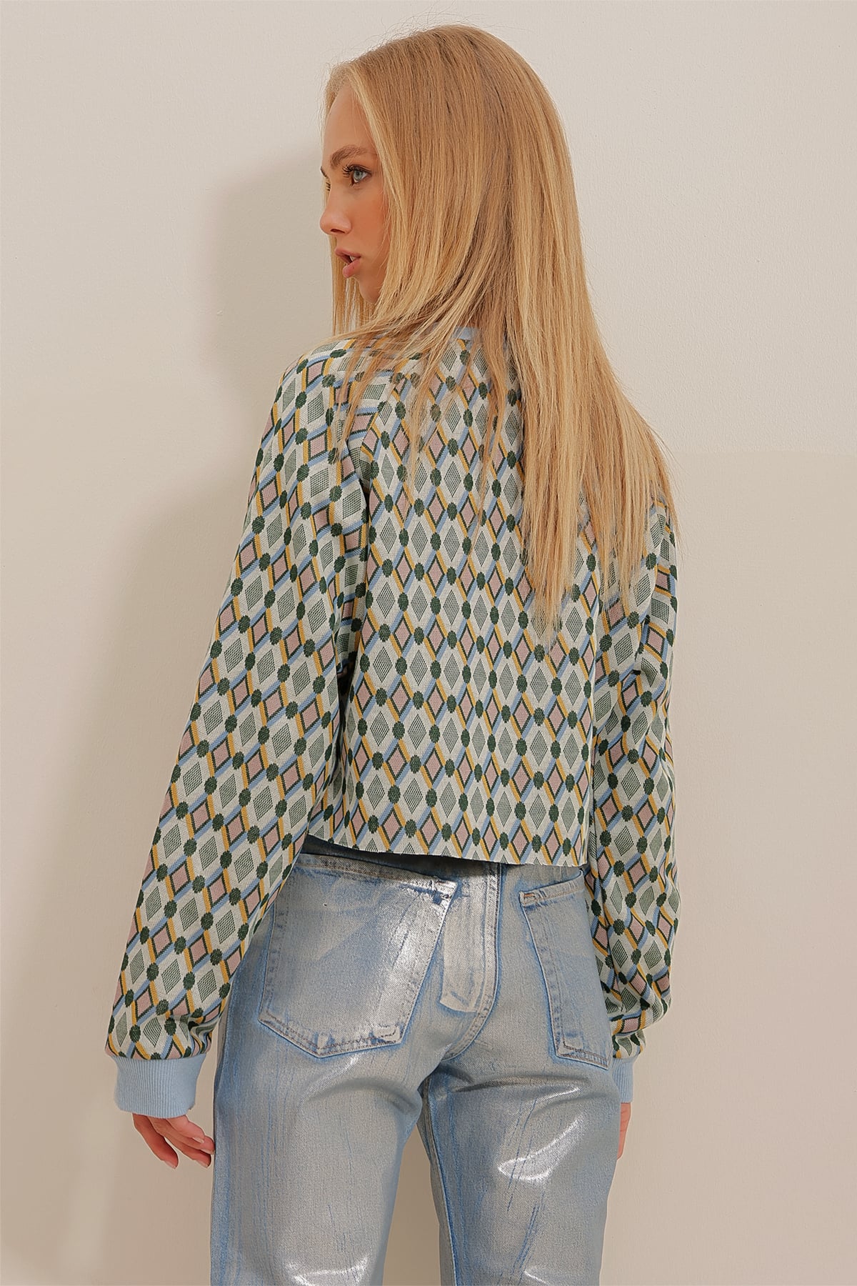 Bisiklet Yaka Crop Triko Sweatshirt - Mavi