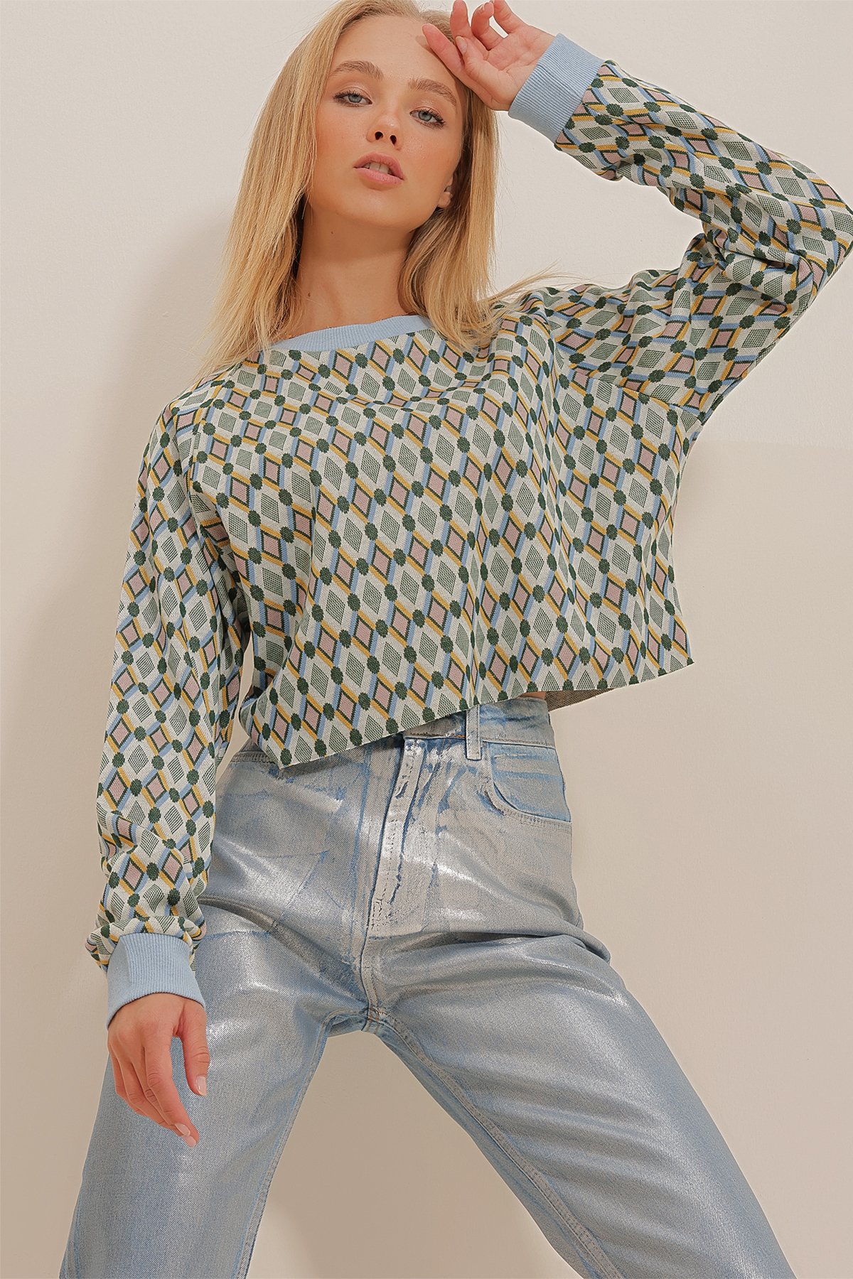Bisiklet Yaka Crop Triko Sweatshirt - Mavi