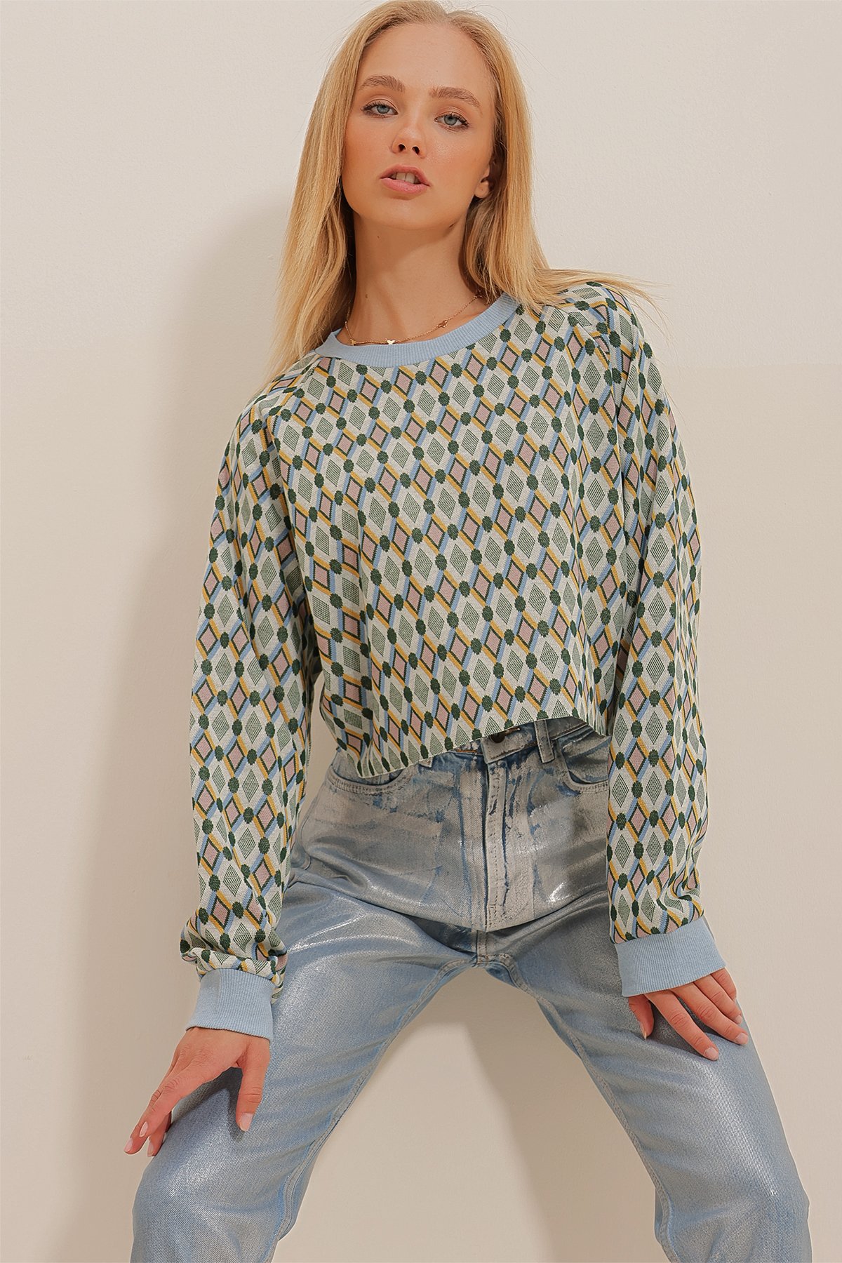 Bisiklet Yaka Crop Triko Sweatshirt - Mavi