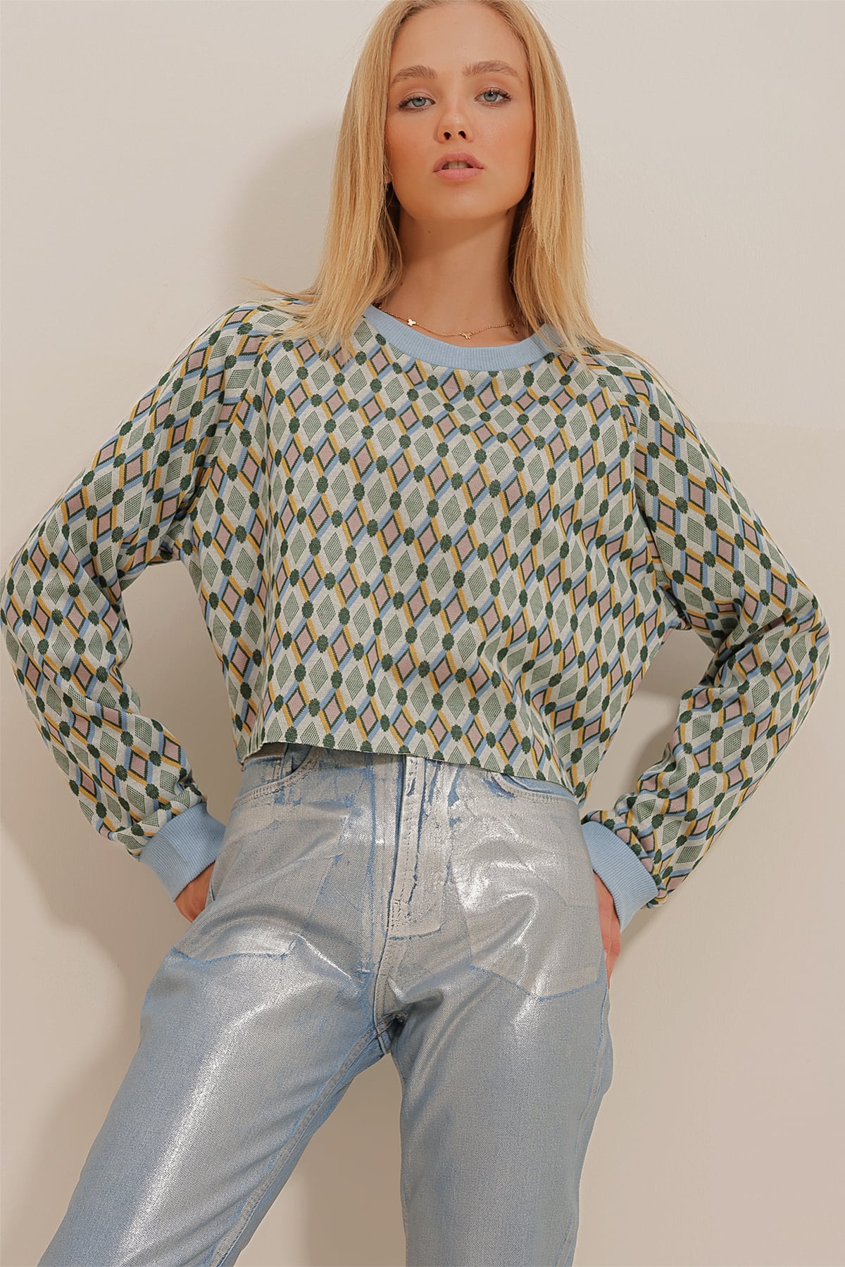 Bisiklet Yaka Crop Triko Sweatshirt - Mavi