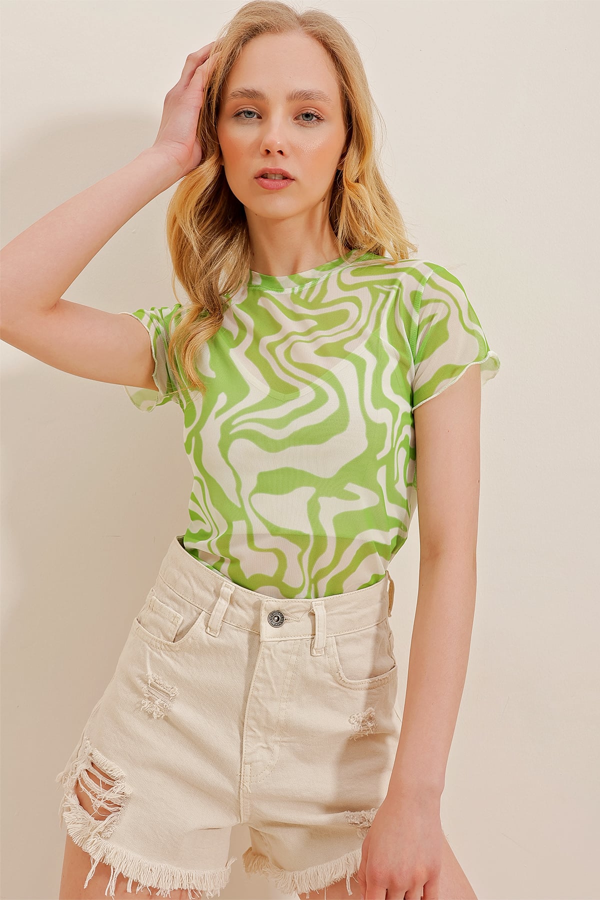 Bisiklet Yaka Desenli Tül Crop Bluz - Elma Yeşili