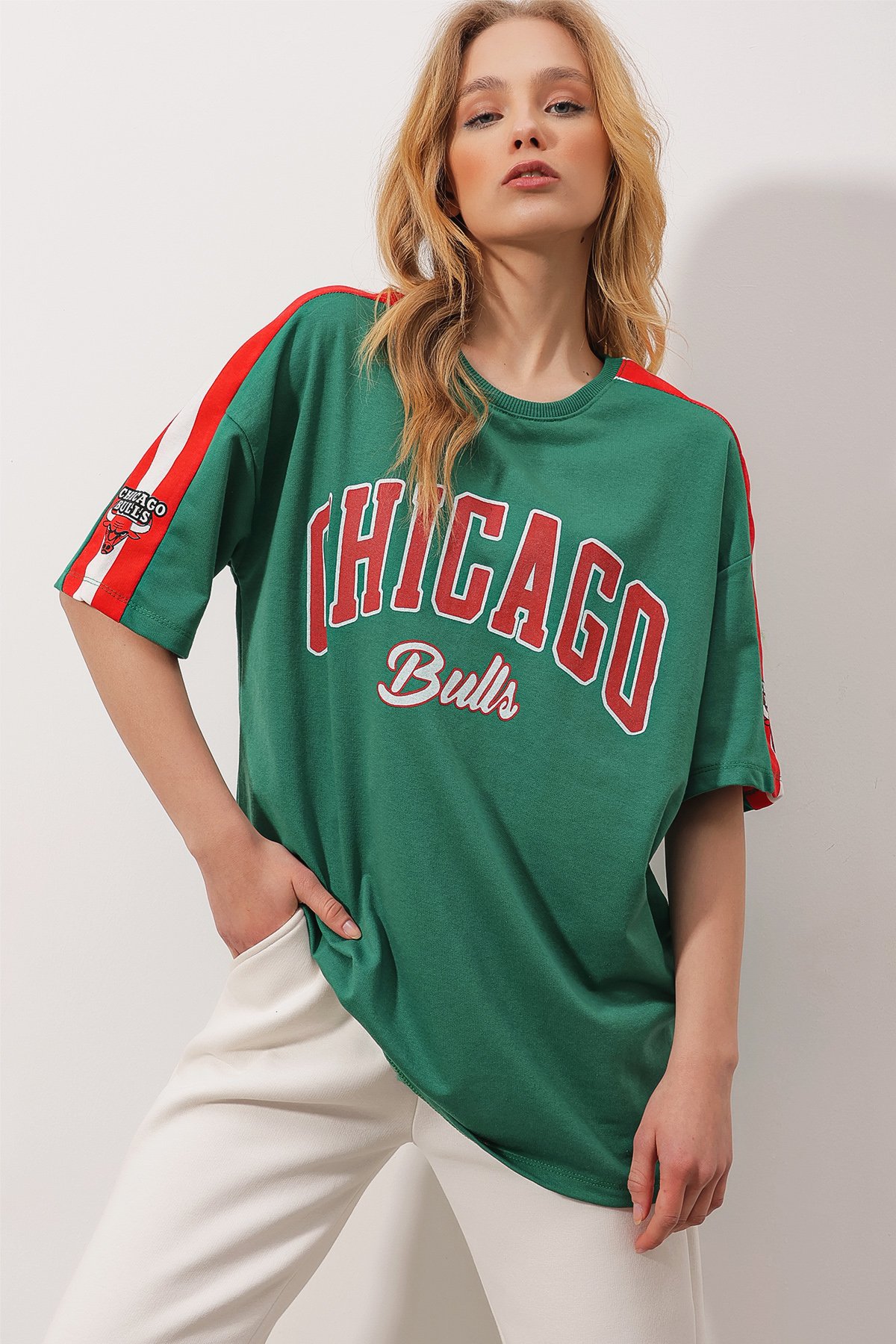 Bisiklet Yaka Dijital Baskılı İki İplik Unisex Oversize T-Shirt - Yeşil