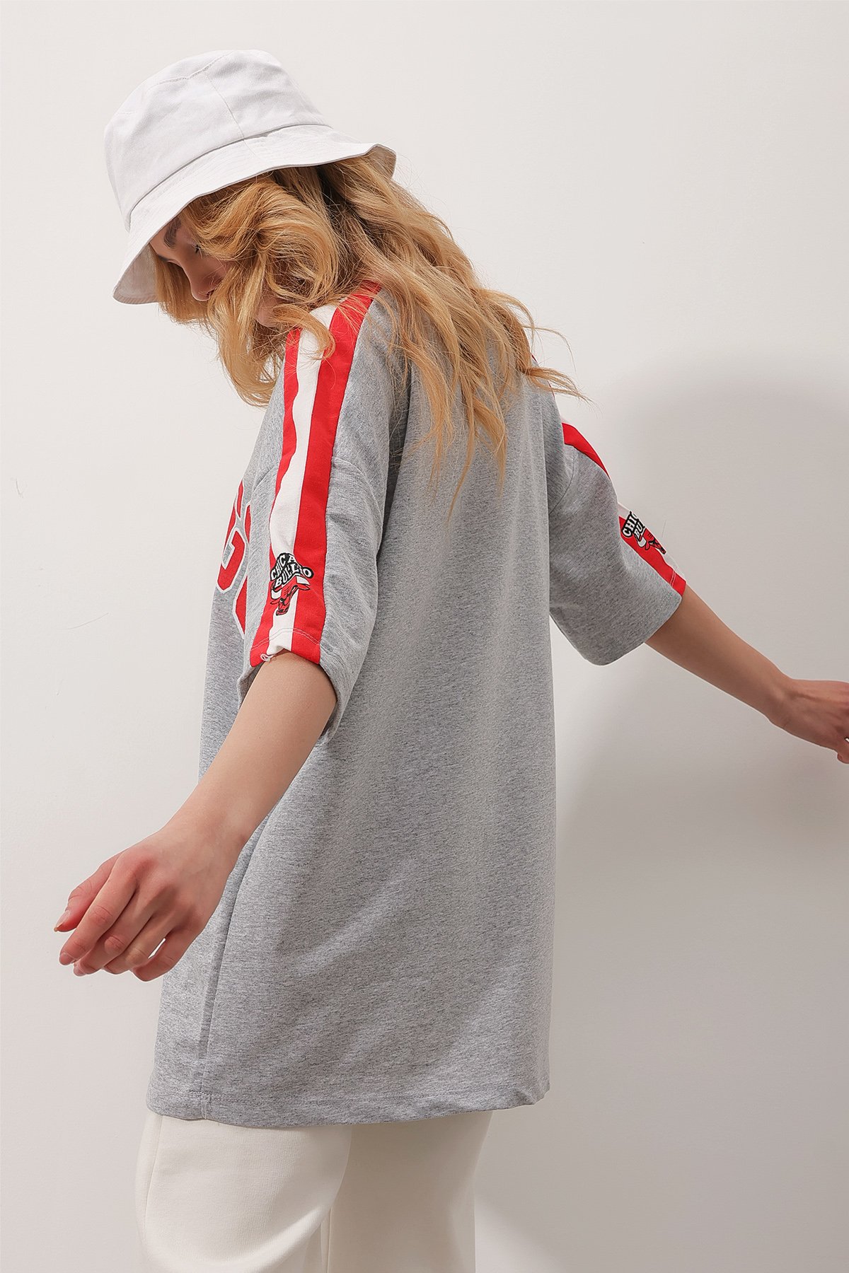 Bisiklet Yaka Dijital Baskılı İki İplik Unisex Oversize T-Shirt - Gri