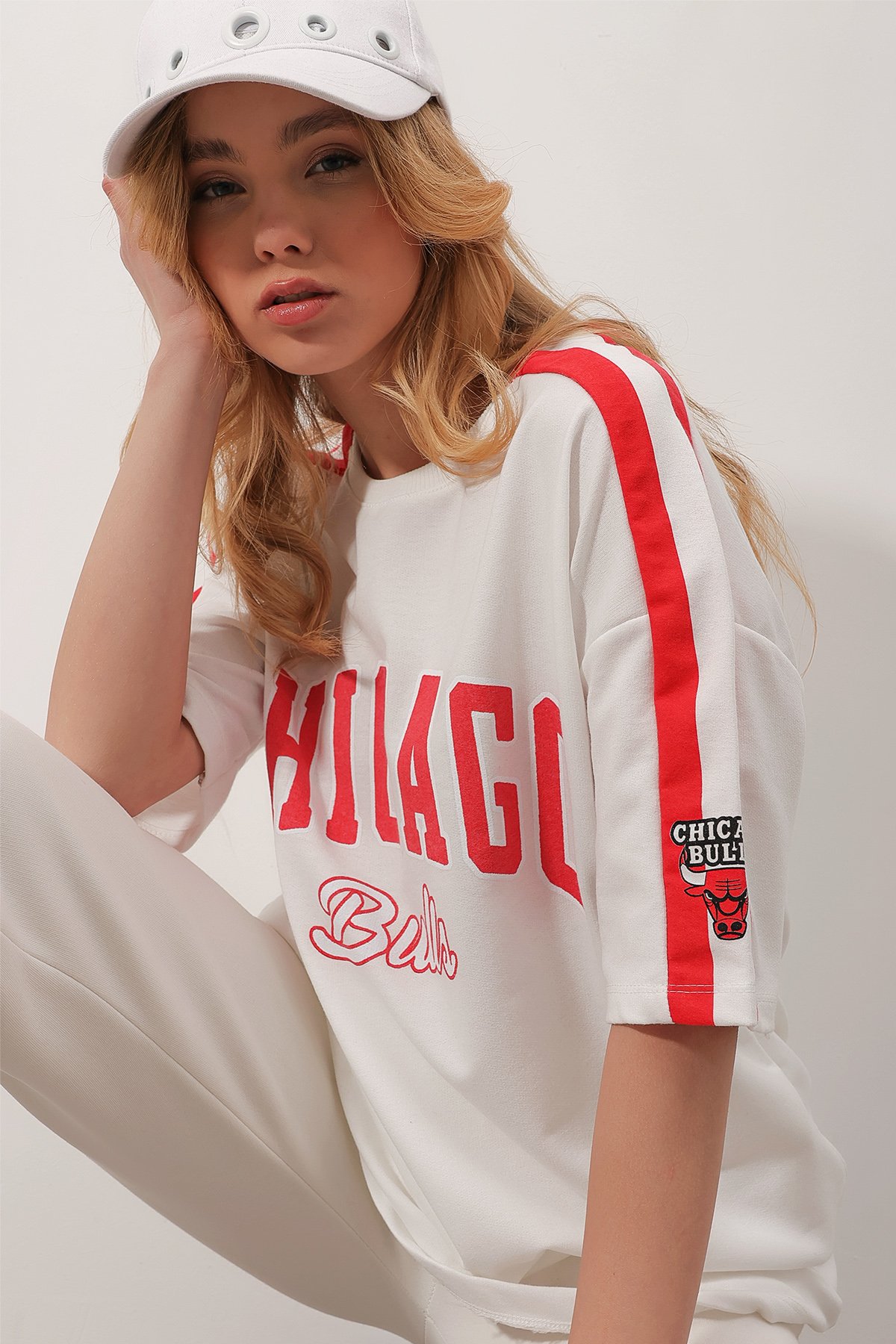 Bisiklet Yaka Dijital Baskılı İki İplik Unisex Oversize T-Shirt - Beyaz