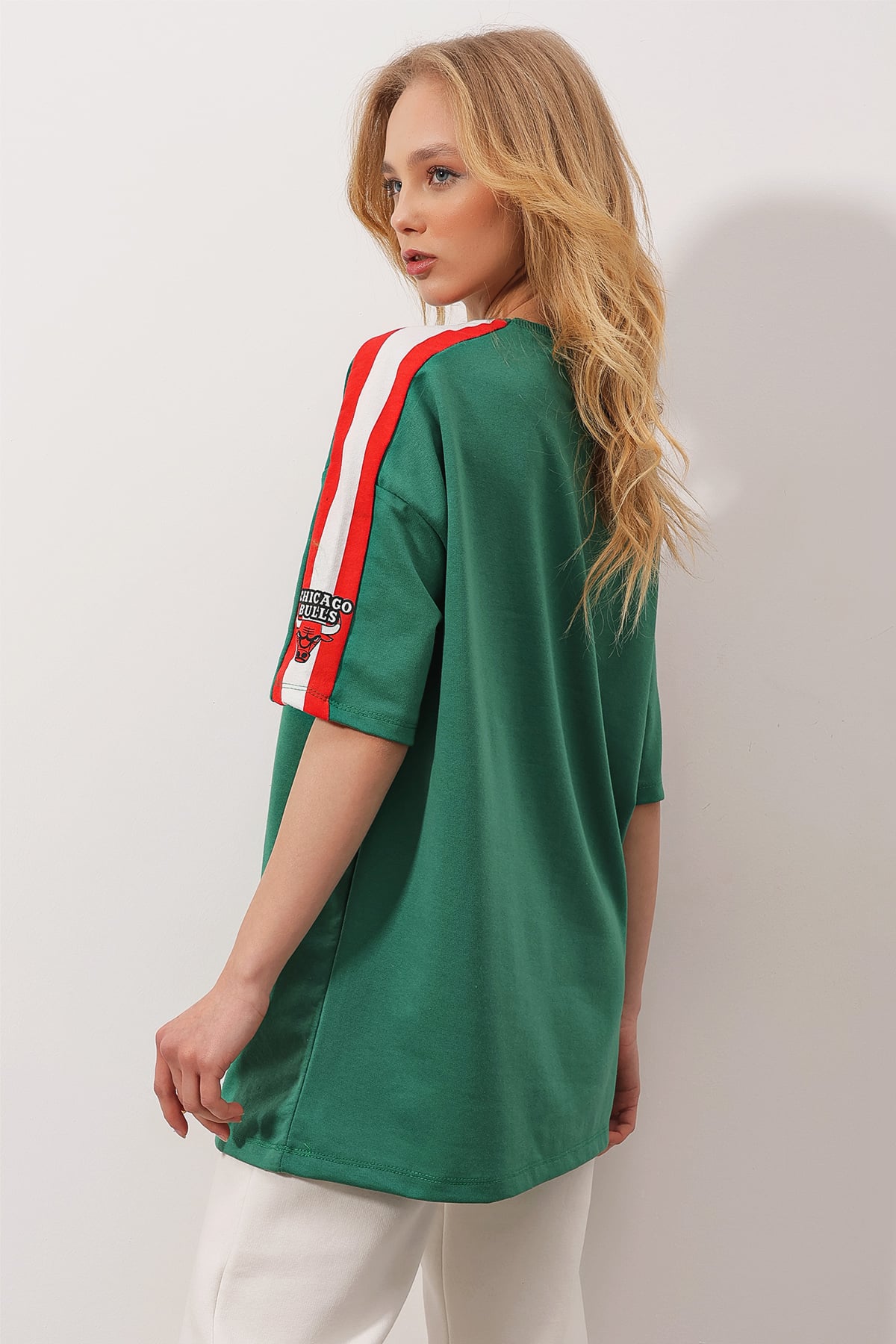 Bisiklet Yaka Dijital Baskılı İki İplik Unisex Oversize T-Shirt - Yeşil