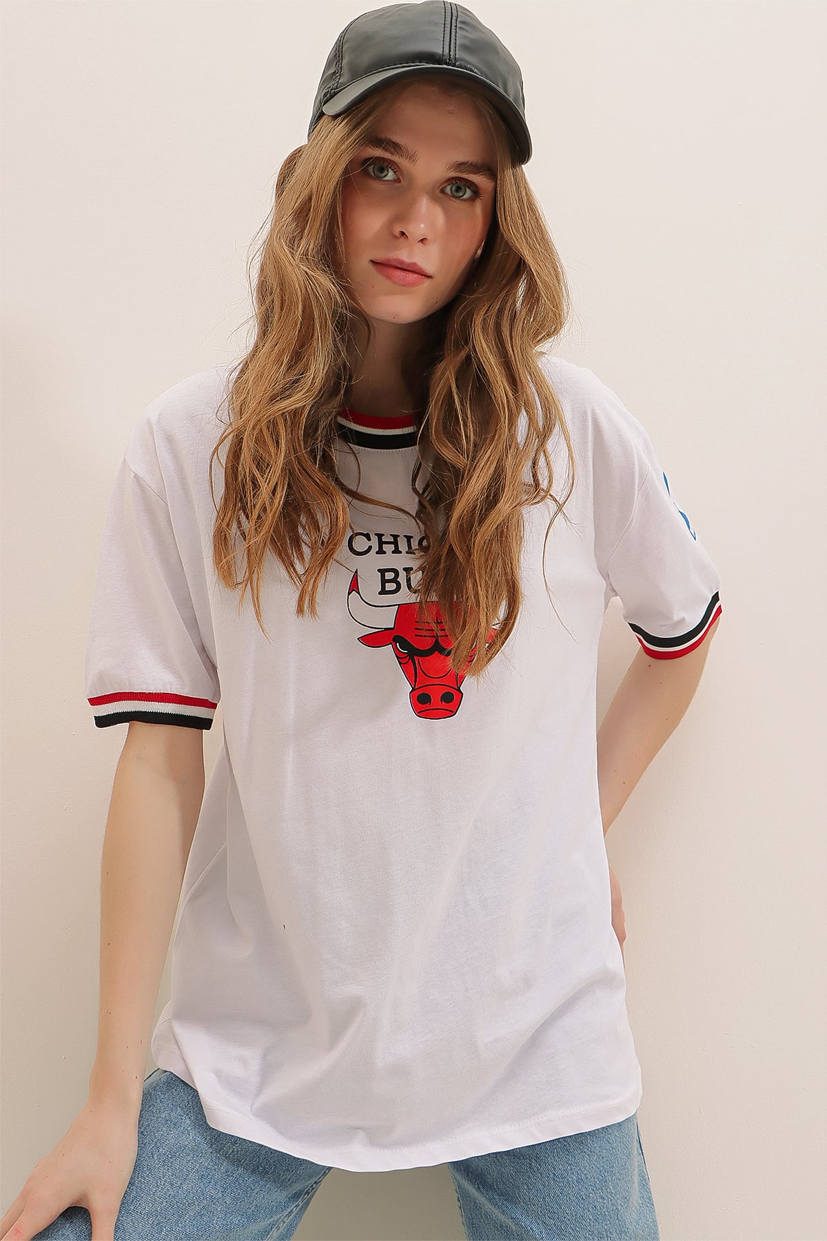 Bisiklet Yaka Dijital Baskılı Ribanalı %100 Pamuk T-Shirt - Beyaz