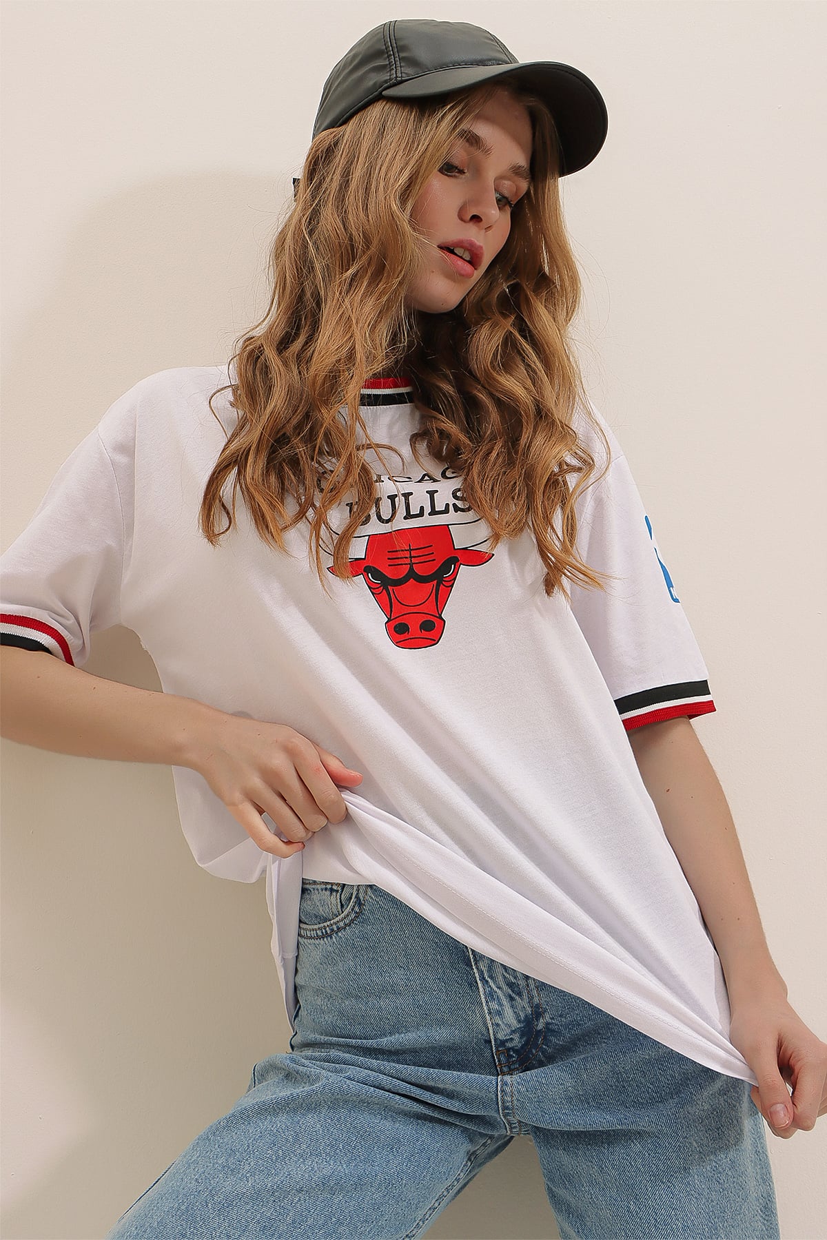 Bisiklet Yaka Dijital Baskılı Ribanalı %100 Pamuk T-Shirt - Beyaz
