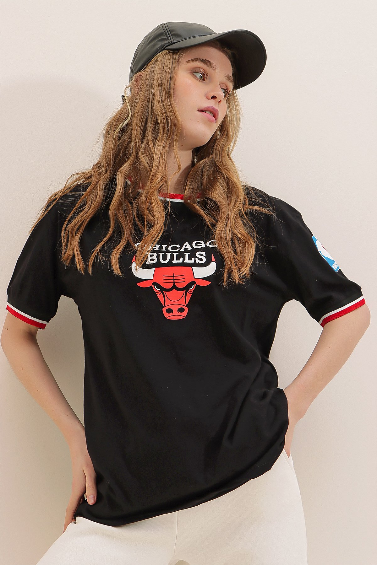 Bisiklet Yaka Dijital Baskılı Ribanalı %100 Pamuk T-Shirt - Siyah