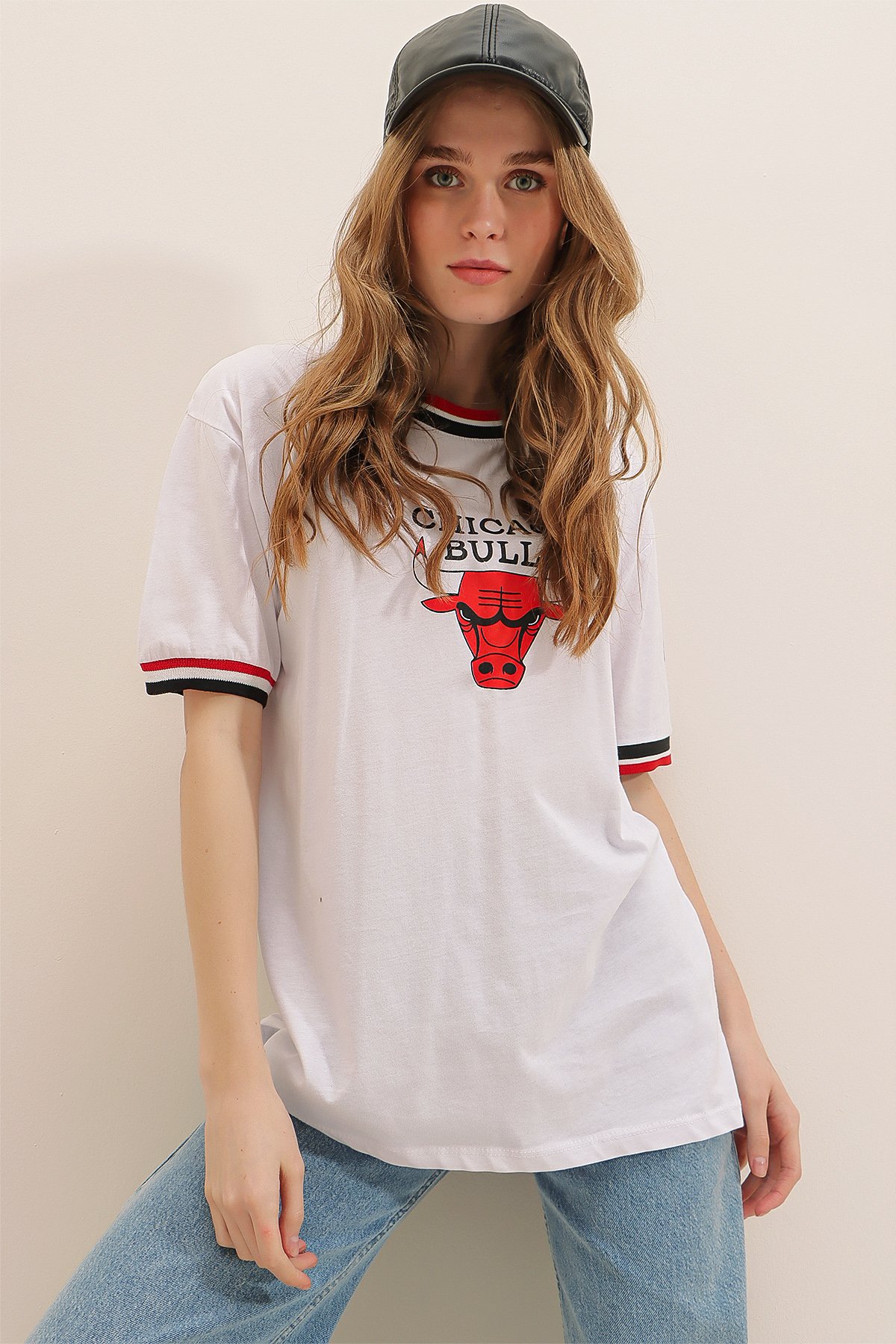 Bisiklet Yaka Dijital Baskılı Ribanalı %100 Pamuk T-Shirt - Beyaz