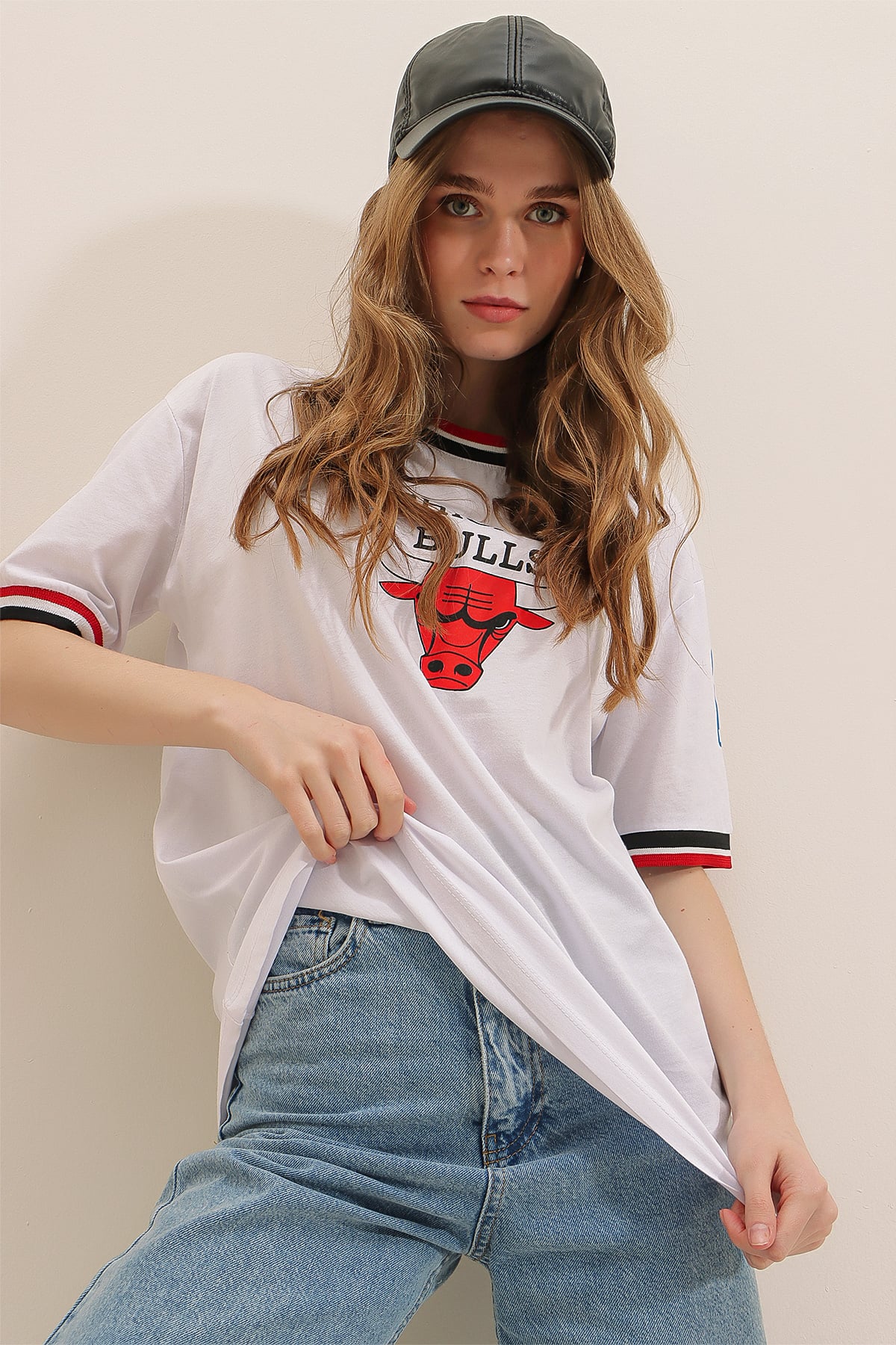 Bisiklet Yaka Dijital Baskılı Ribanalı %100 Pamuk T-Shirt - Beyaz