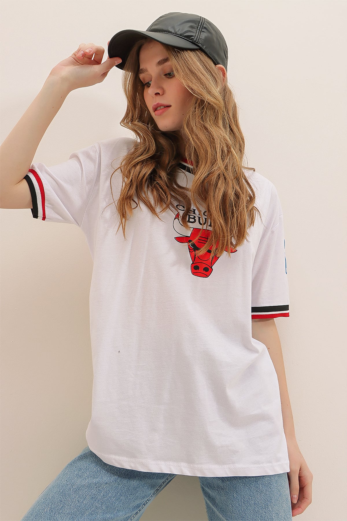 Bisiklet Yaka Dijital Baskılı Ribanalı %100 Pamuk T-Shirt - Beyaz
