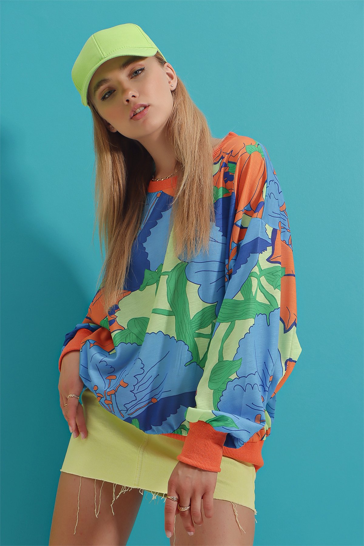 Bisiklet Yaka Dijital Baskılı Sweatshirt - Yeşil
