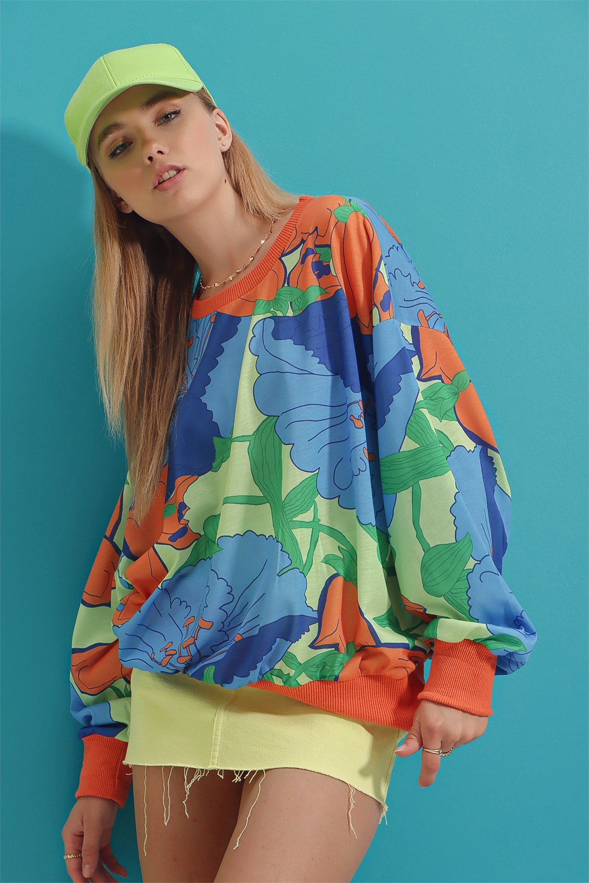 Bisiklet Yaka Dijital Baskılı Sweatshirt - Yeşil