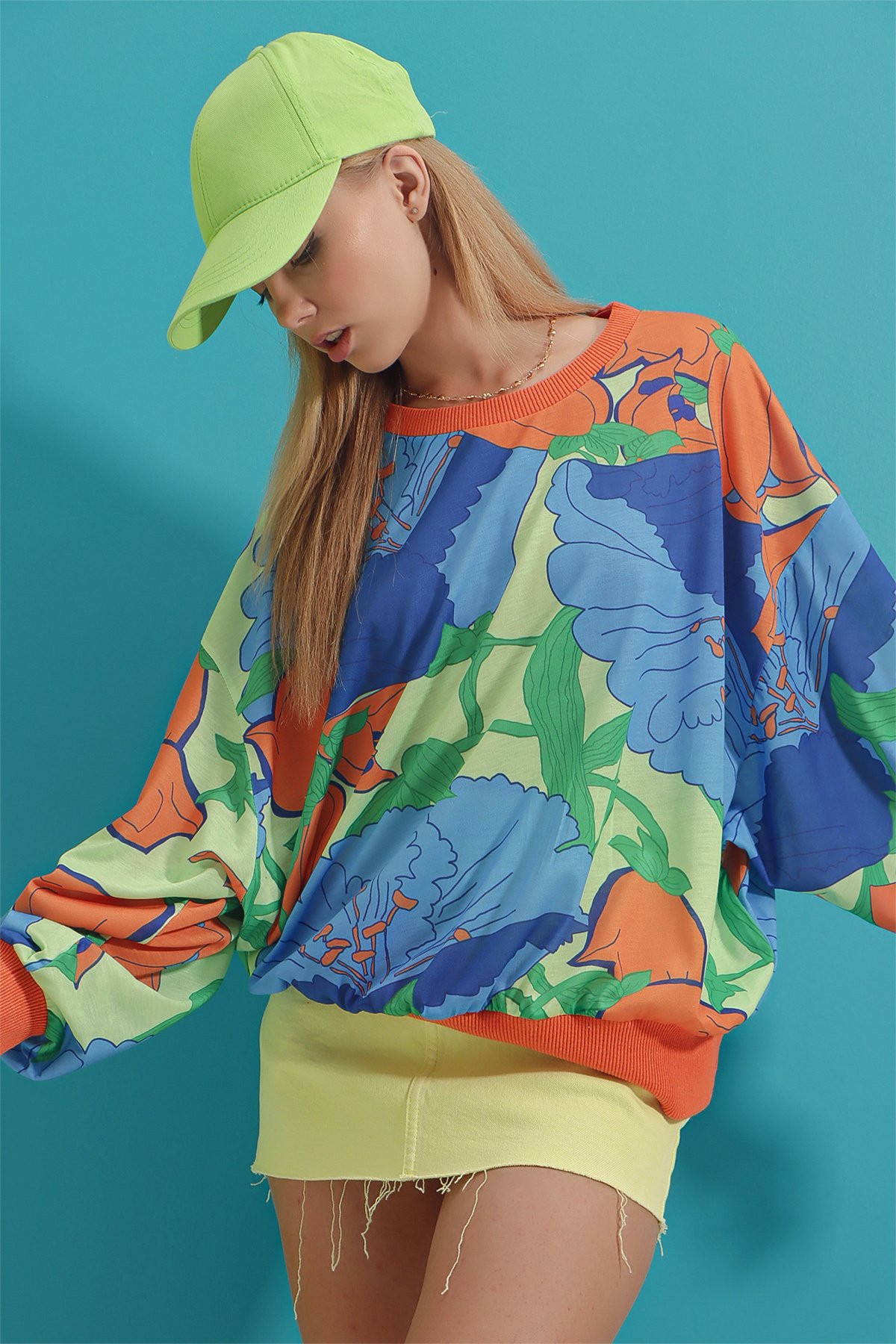 Bisiklet Yaka Dijital Baskılı Sweatshirt - Yeşil