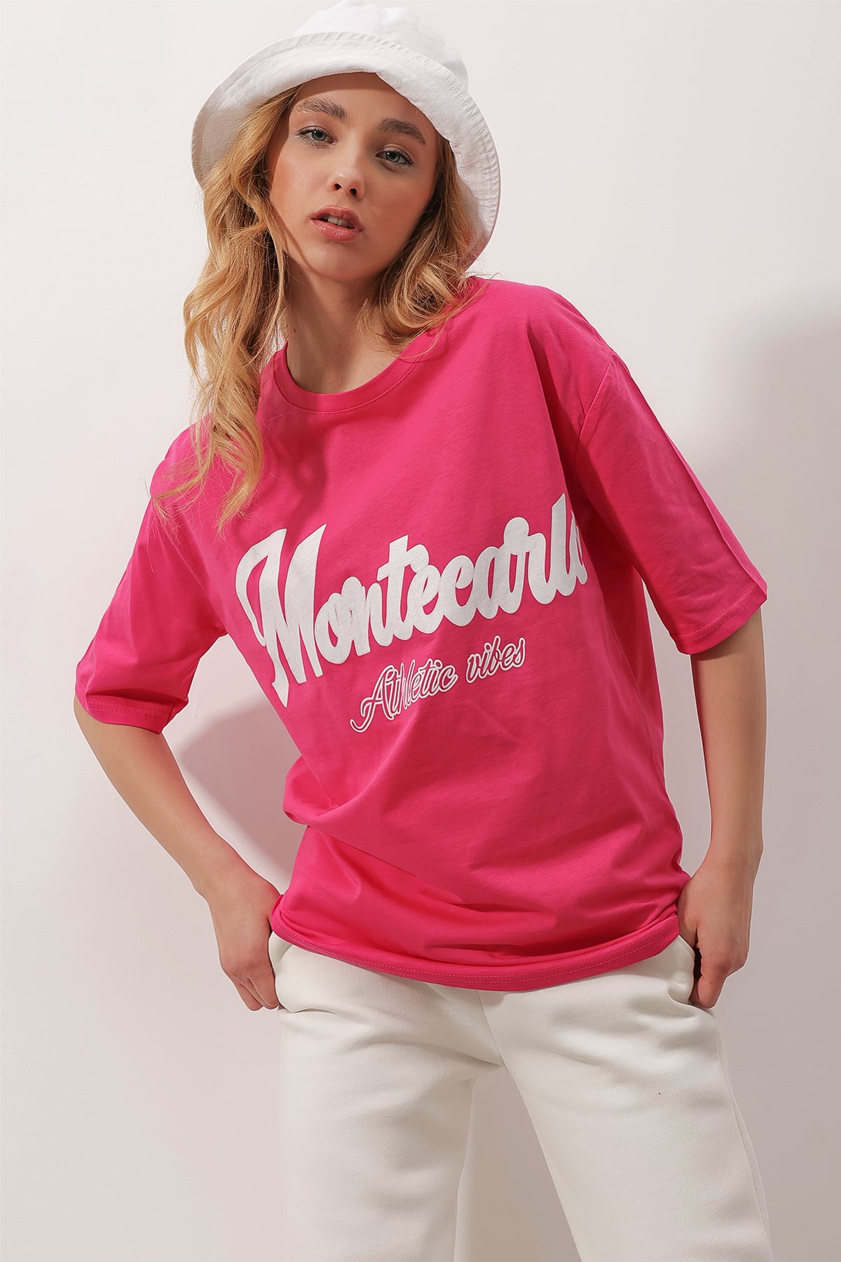 Bisiklet Yaka Dijital Baskılı Unisex Oversize T-Shirt - Pembe
