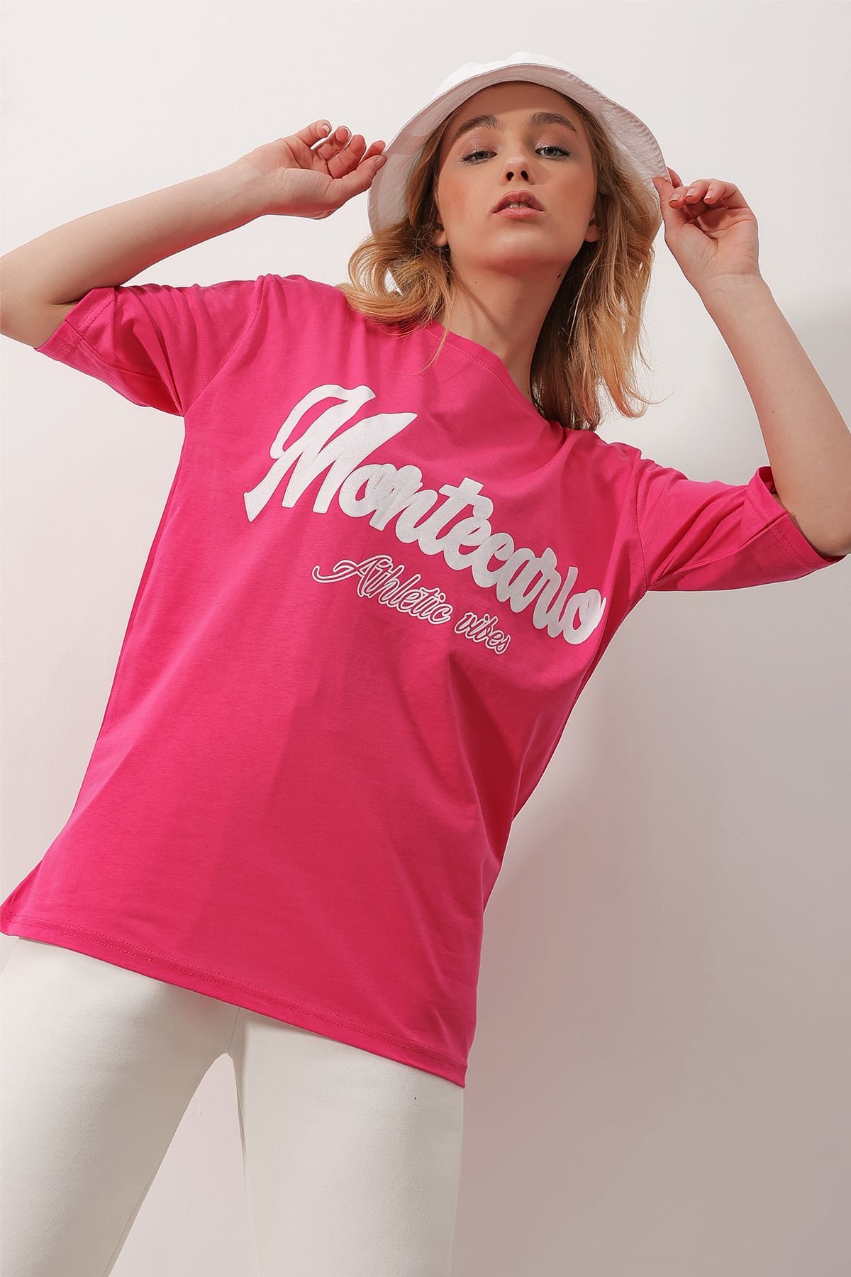 Bisiklet Yaka Dijital Baskılı Unisex Oversize T-Shirt - Pembe