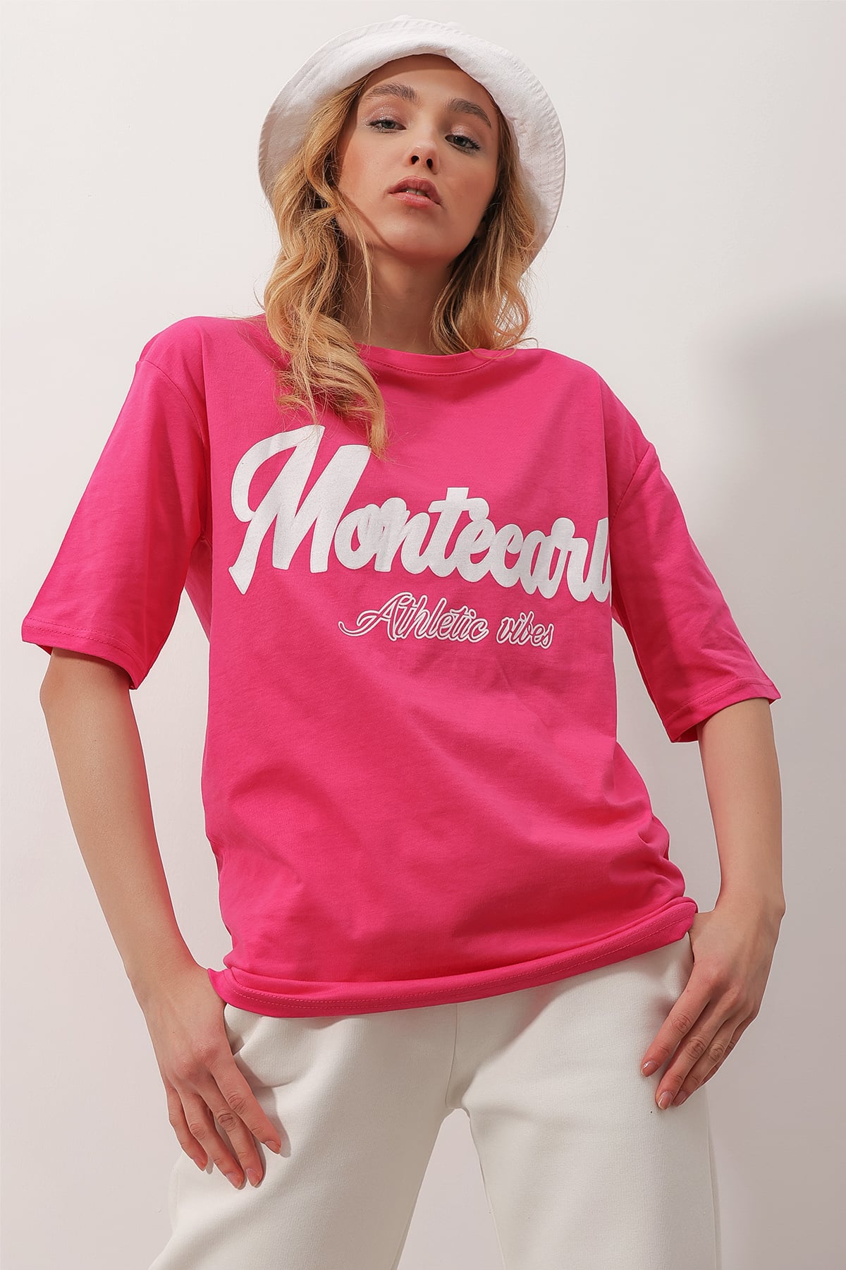 Bisiklet Yaka Dijital Baskılı Unisex Oversize T-Shirt - Pembe