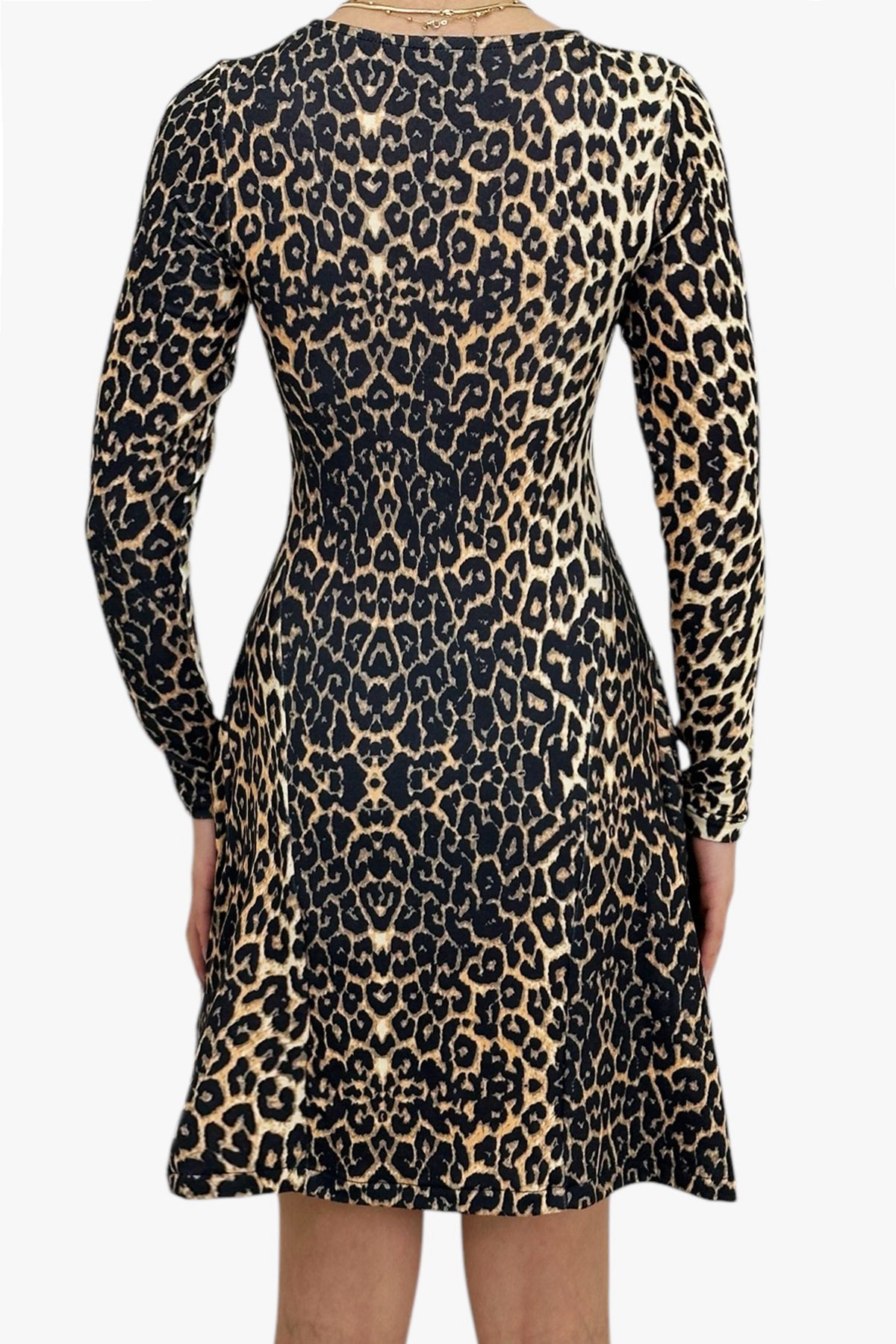 Bisiklet Yaka Dikiş Detaylı Kloş Mini Elbise - Leopar