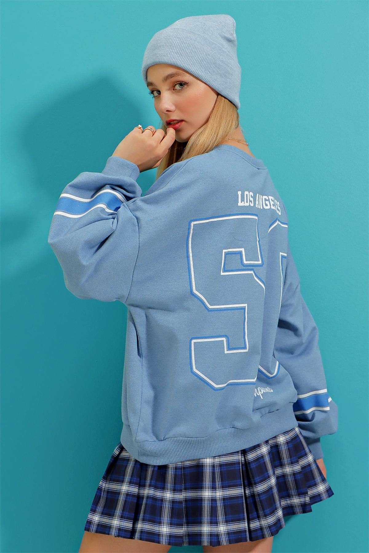 Bisiklet Yaka Dodgers Baskılı Kolu Şeritli Sweatshirt - Gök Mavi