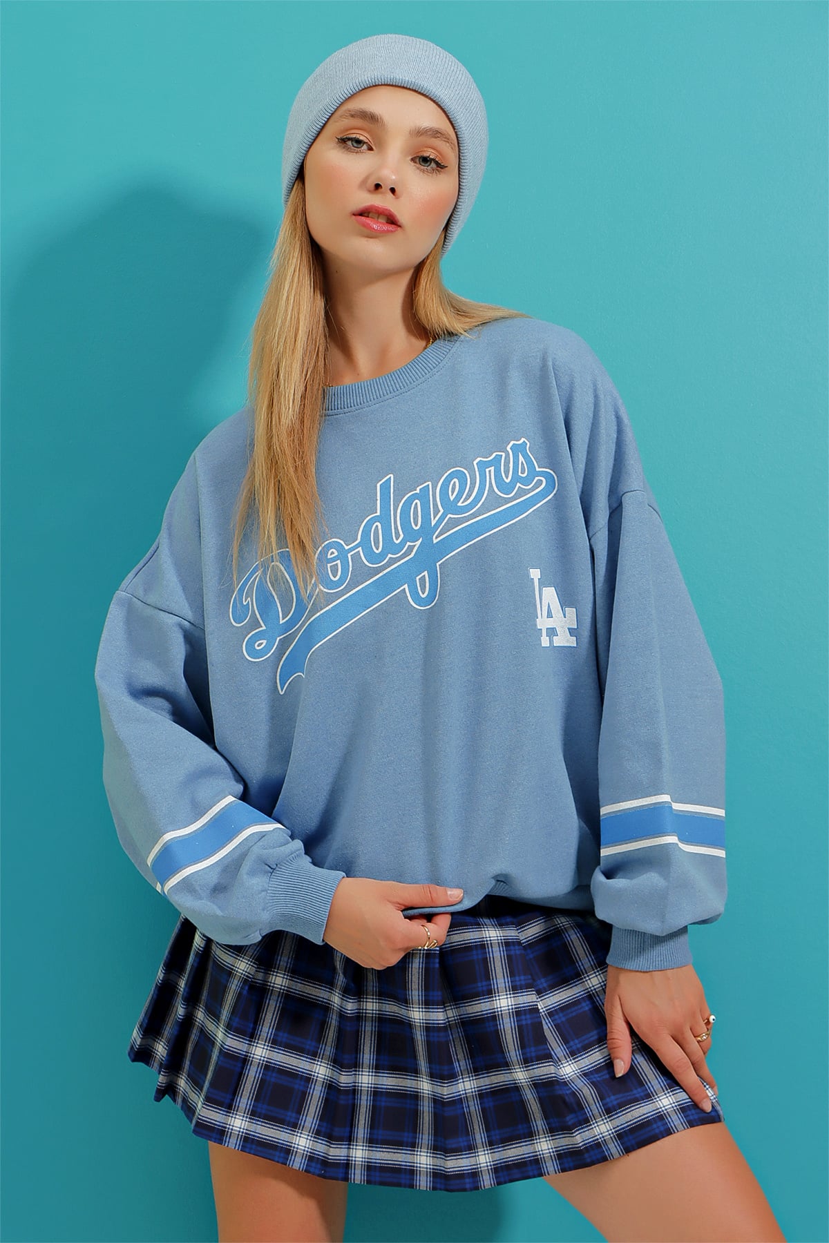Bisiklet Yaka Dodgers Baskılı Kolu Şeritli Sweatshirt - Gök Mavi