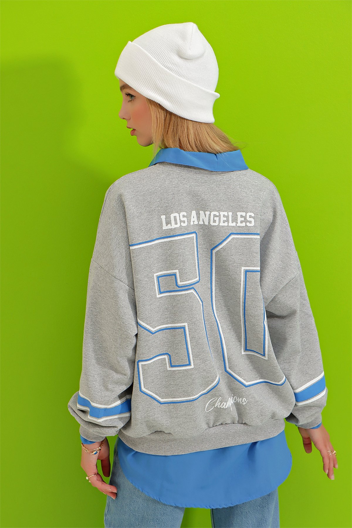 Bisiklet Yaka Dodgers Baskılı Kolu Şeritli Sweatshirt - Grimelanj