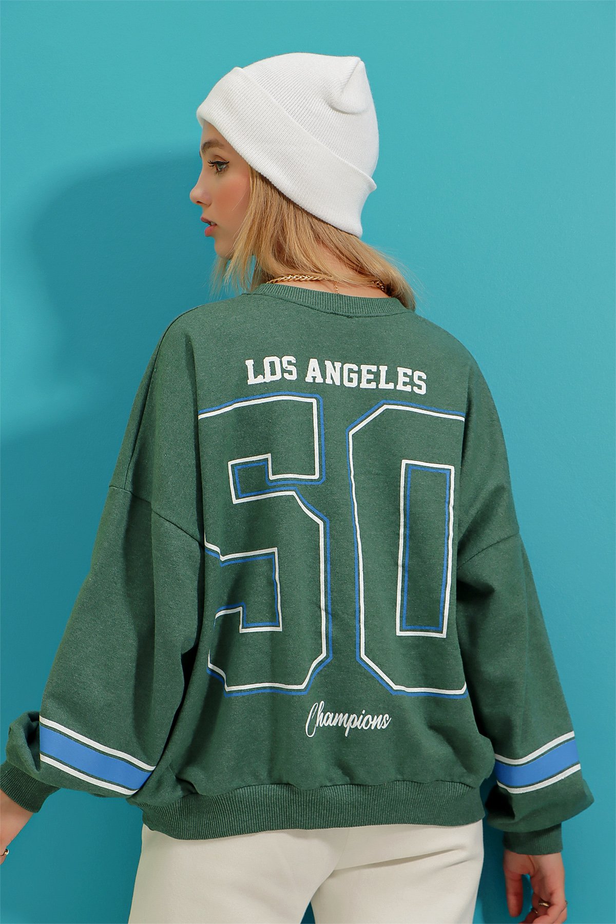 Bisiklet Yaka Dodgers Baskılı Kolu Şeritli Sweatshirt - Nefti Yeşili