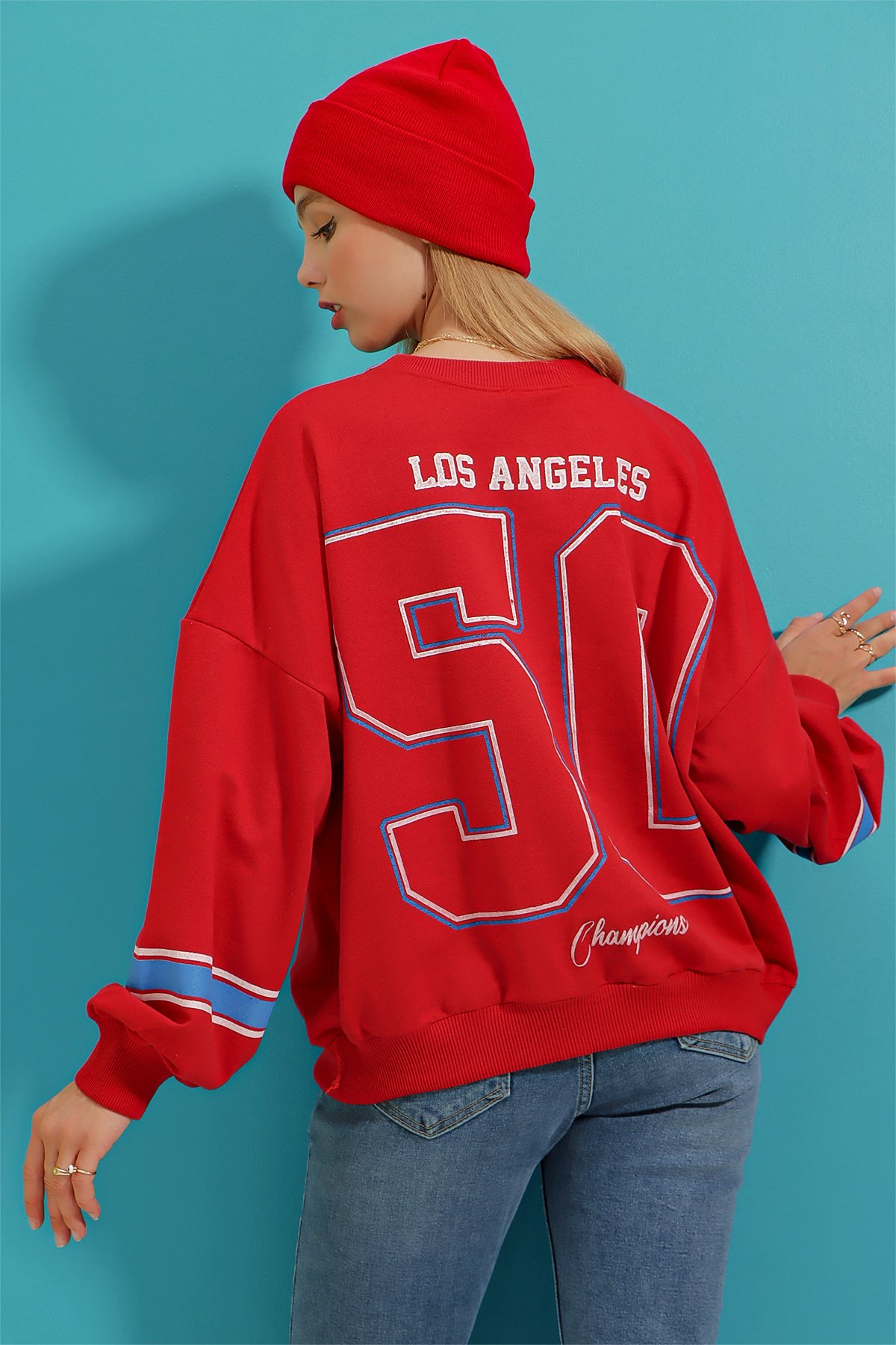 Bisiklet Yaka Dodgers Baskılı Kolu Şeritli Sweatshirt - Kırmızı