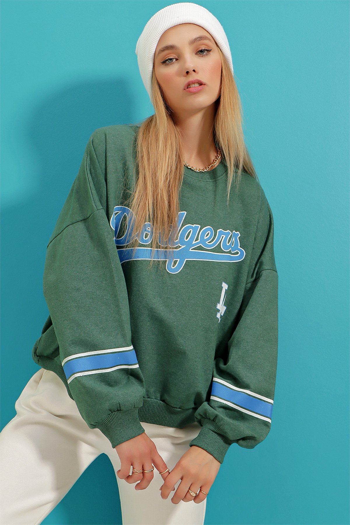 Bisiklet Yaka Dodgers Baskılı Kolu Şeritli Sweatshirt - Nefti Yeşili