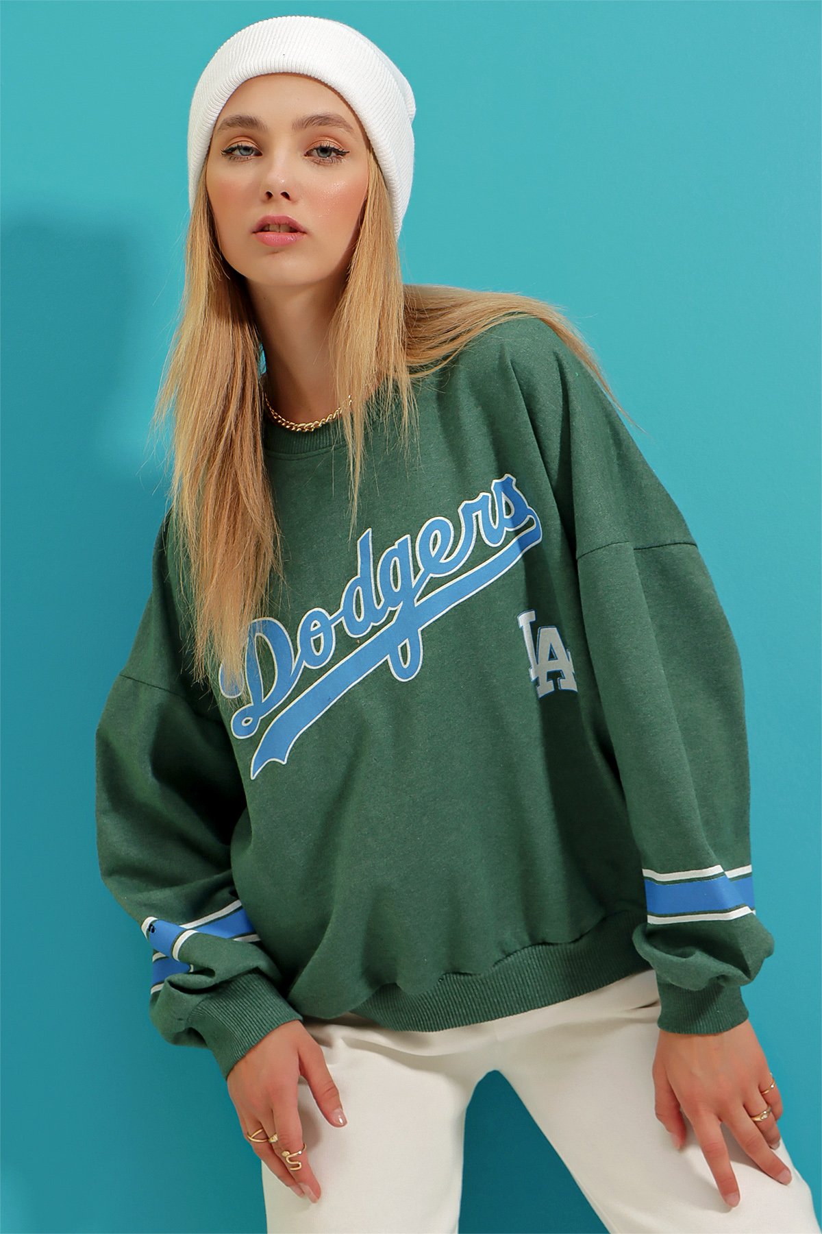 Bisiklet Yaka Dodgers Baskılı Kolu Şeritli Sweatshirt - Nefti Yeşili