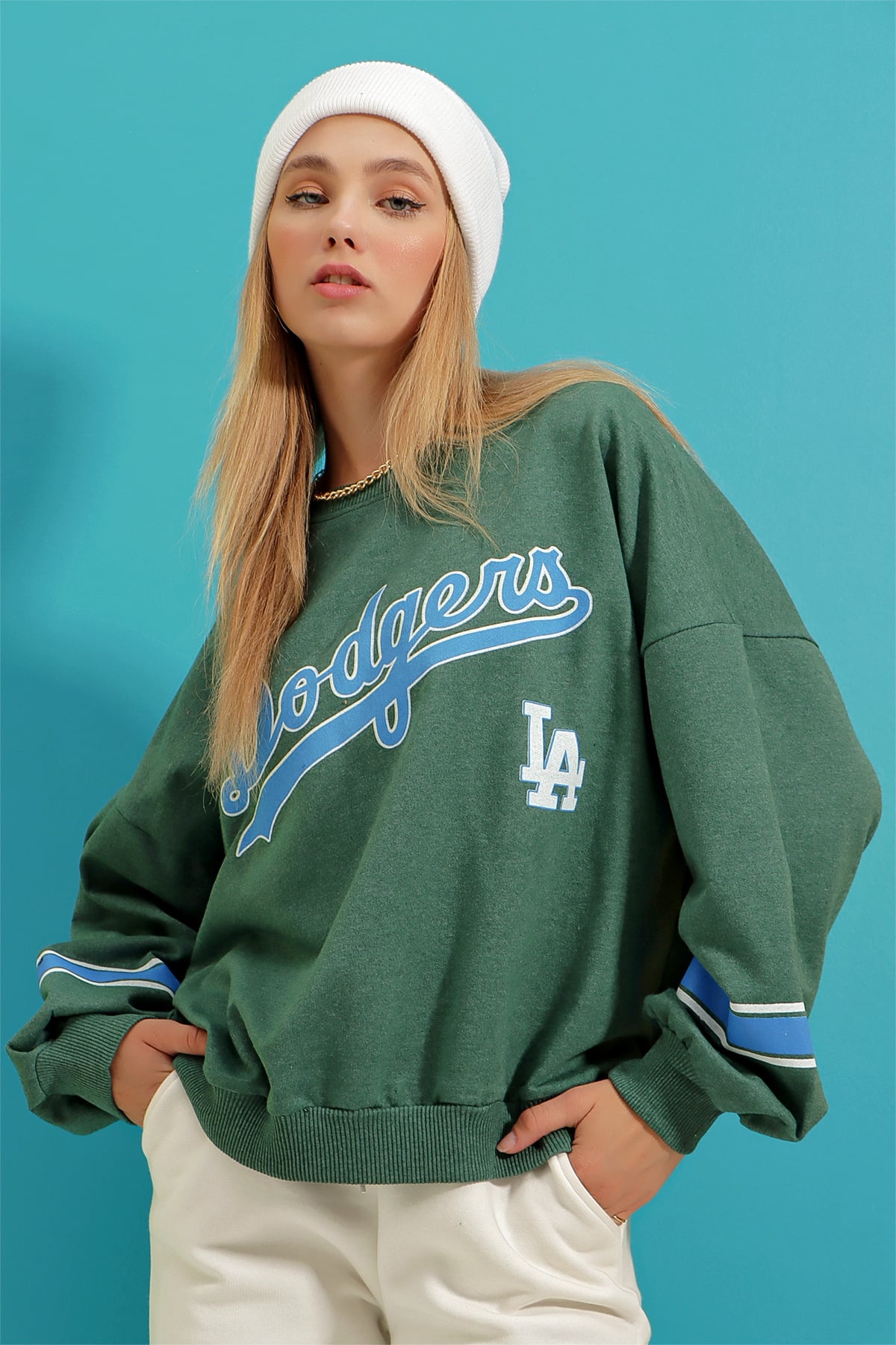 Bisiklet Yaka Dodgers Baskılı Kolu Şeritli Sweatshirt - Nefti Yeşili