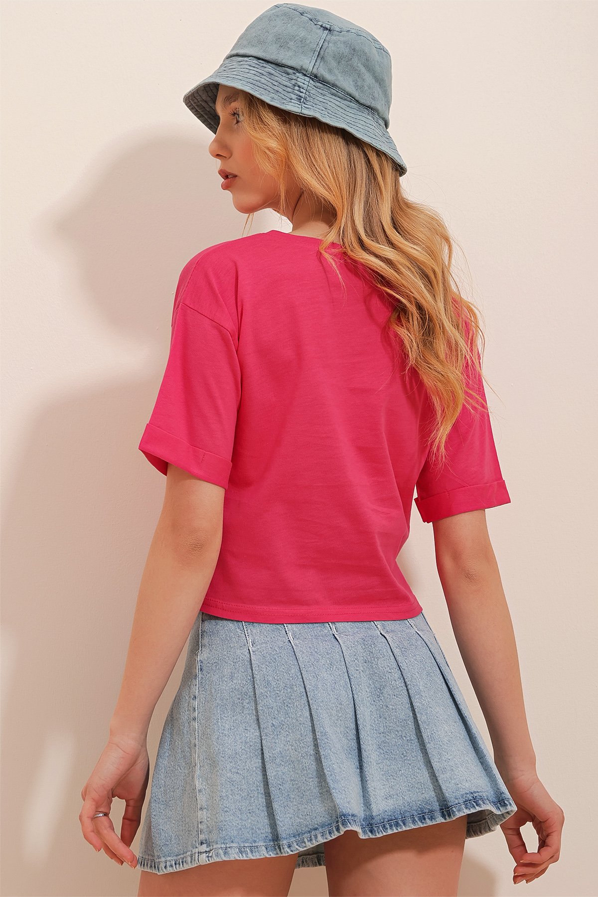 Bisiklet Yaka Duble Kol Basic Oversize Crop T-Shirt - PEMBE